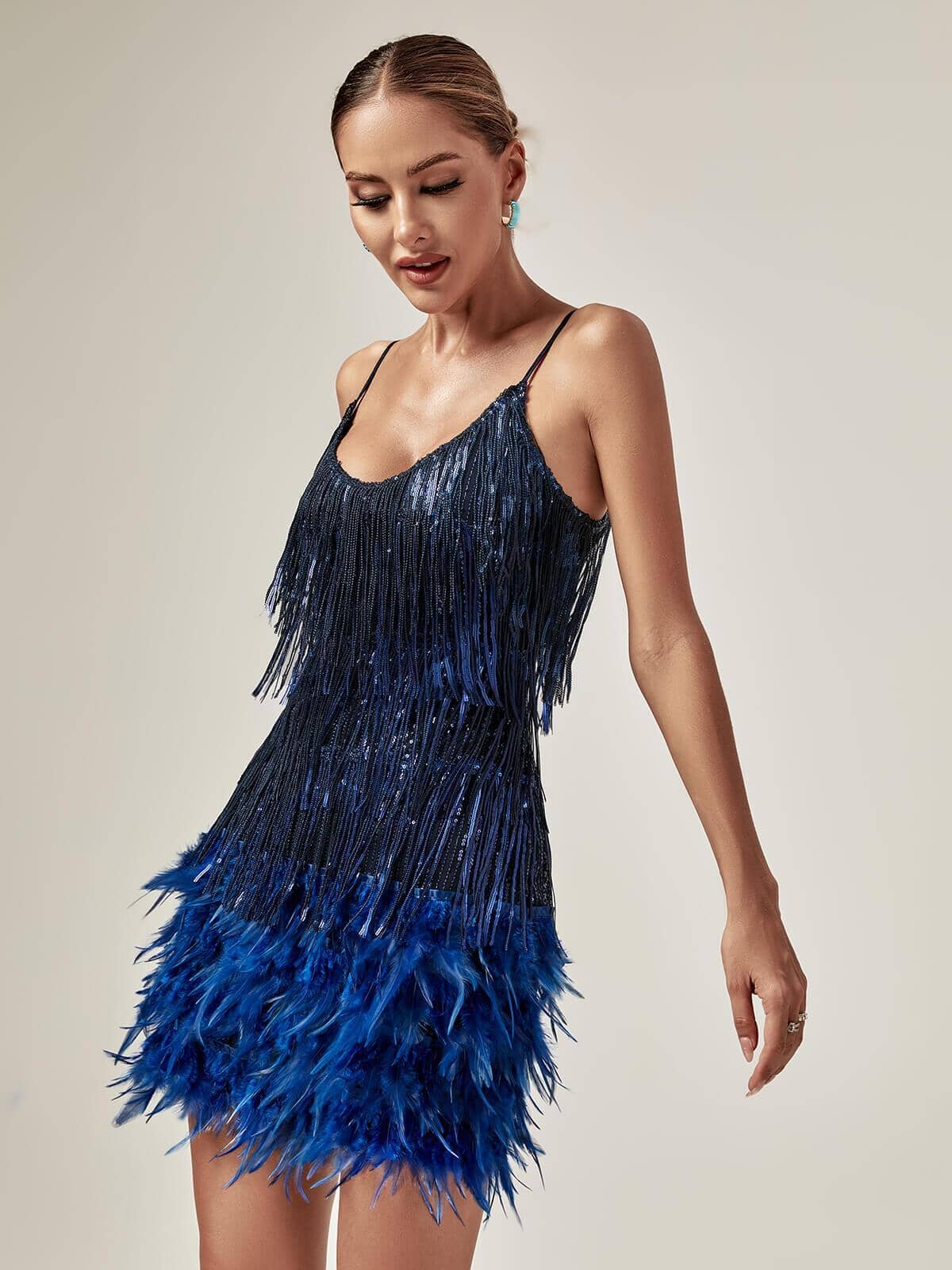 Tassel Feather Mini Dress In Royal Blue
