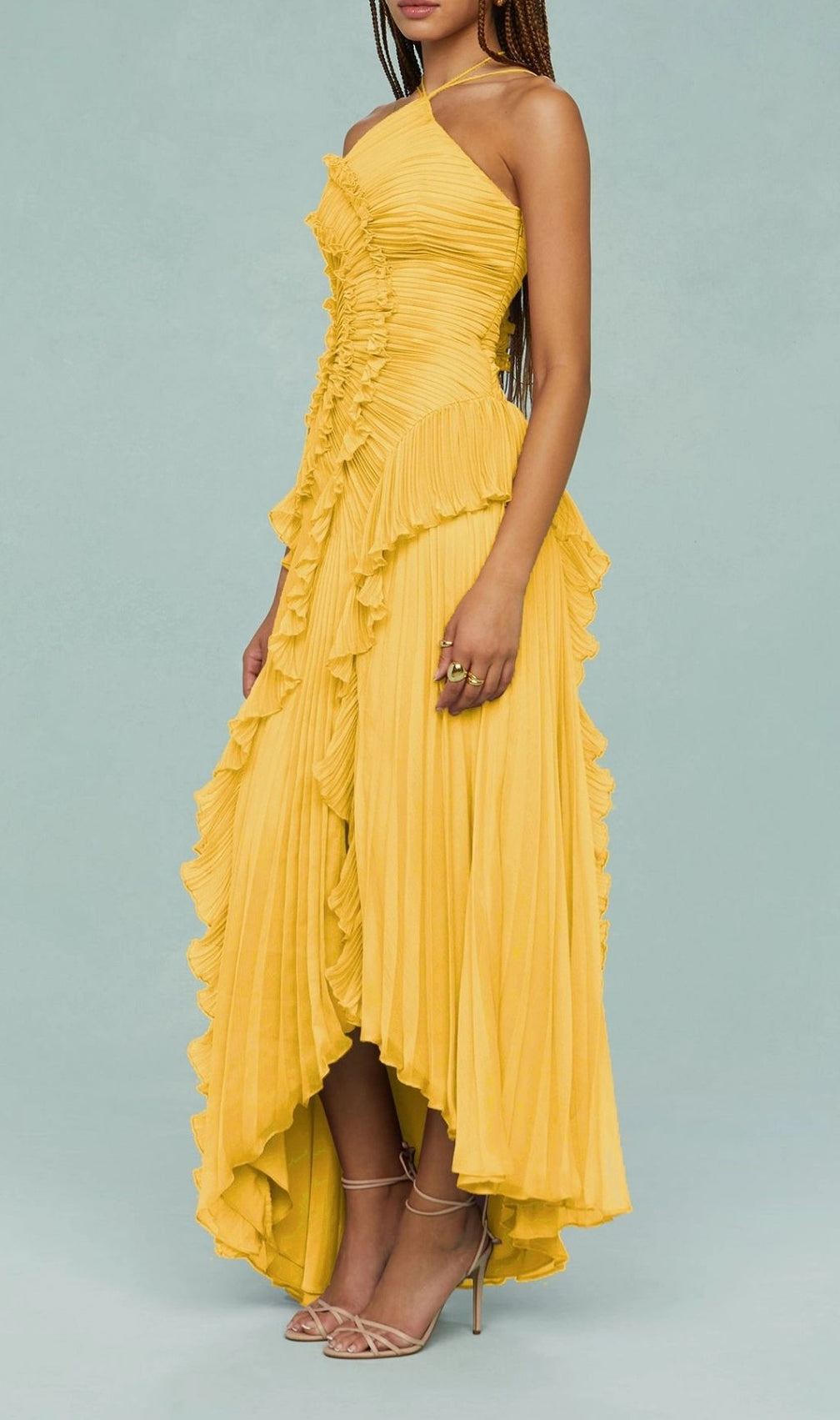 Finneas Vibrant Yellow Halter Pleated Ruffle Maxi Dress