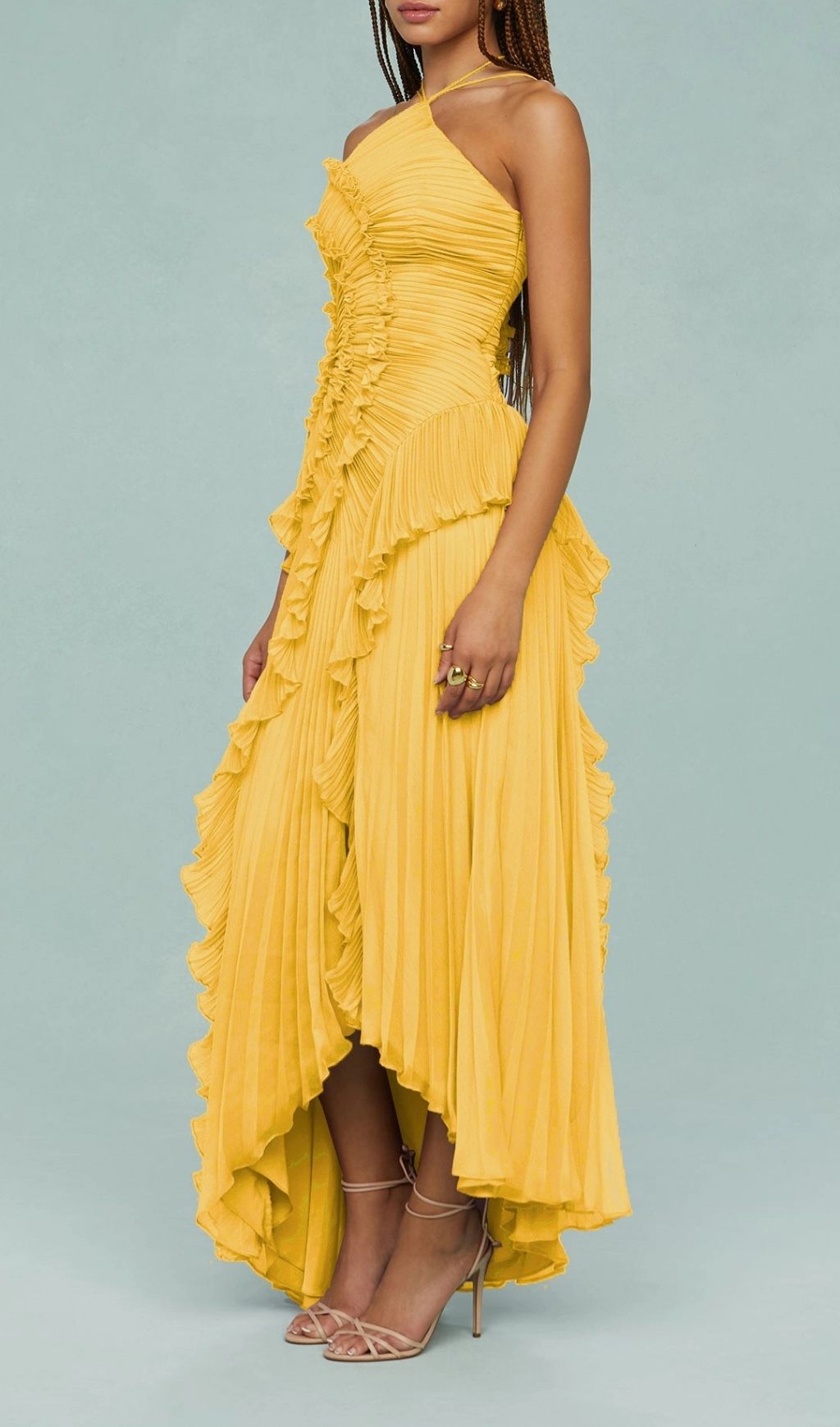 Finneas Vibrant Yellow Halter Pleated Ruffle Maxi Dress