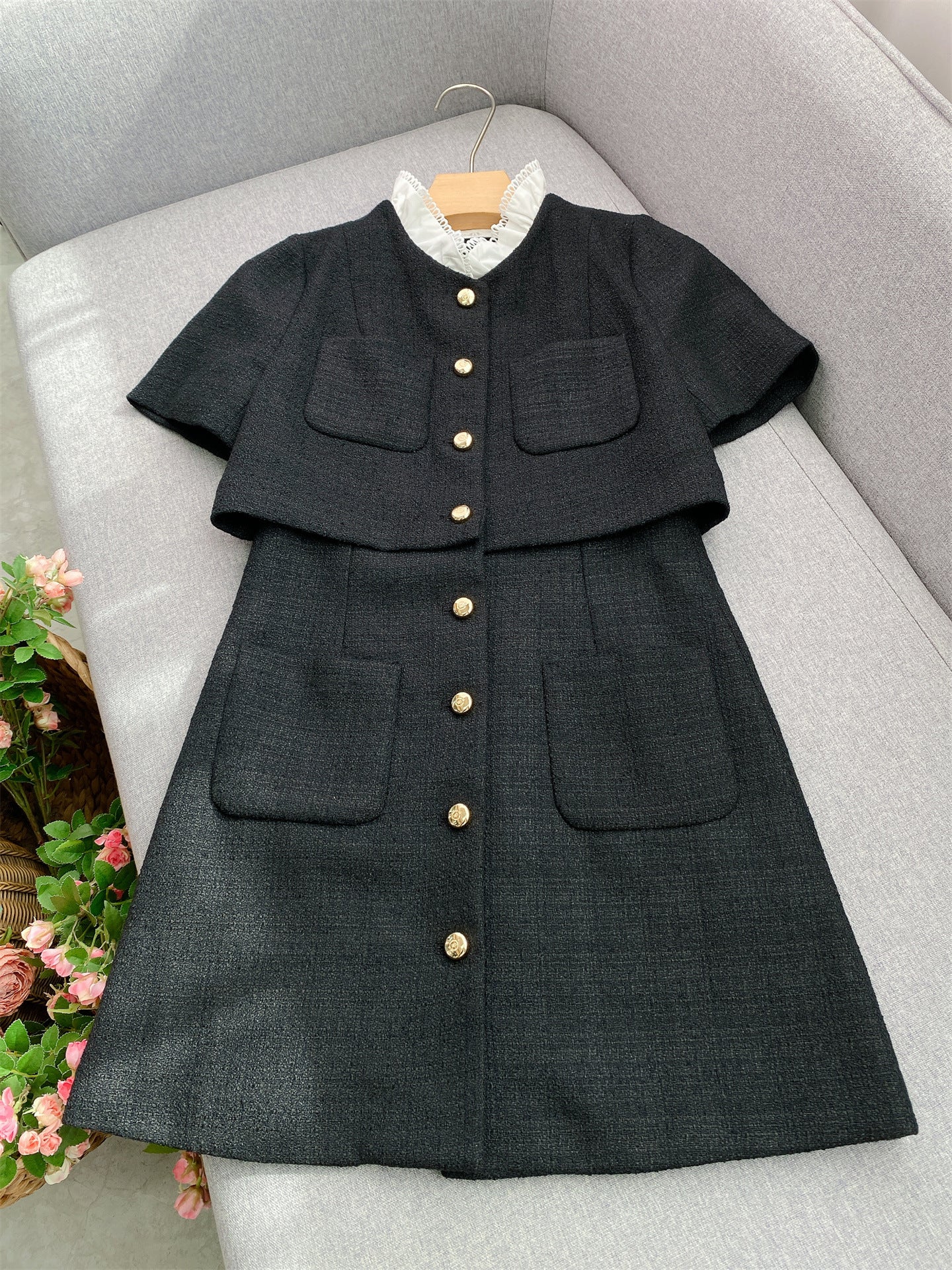 Elegant Black Tweed-Style Mini Dress | Removable Lace Collar & Gold Buttons