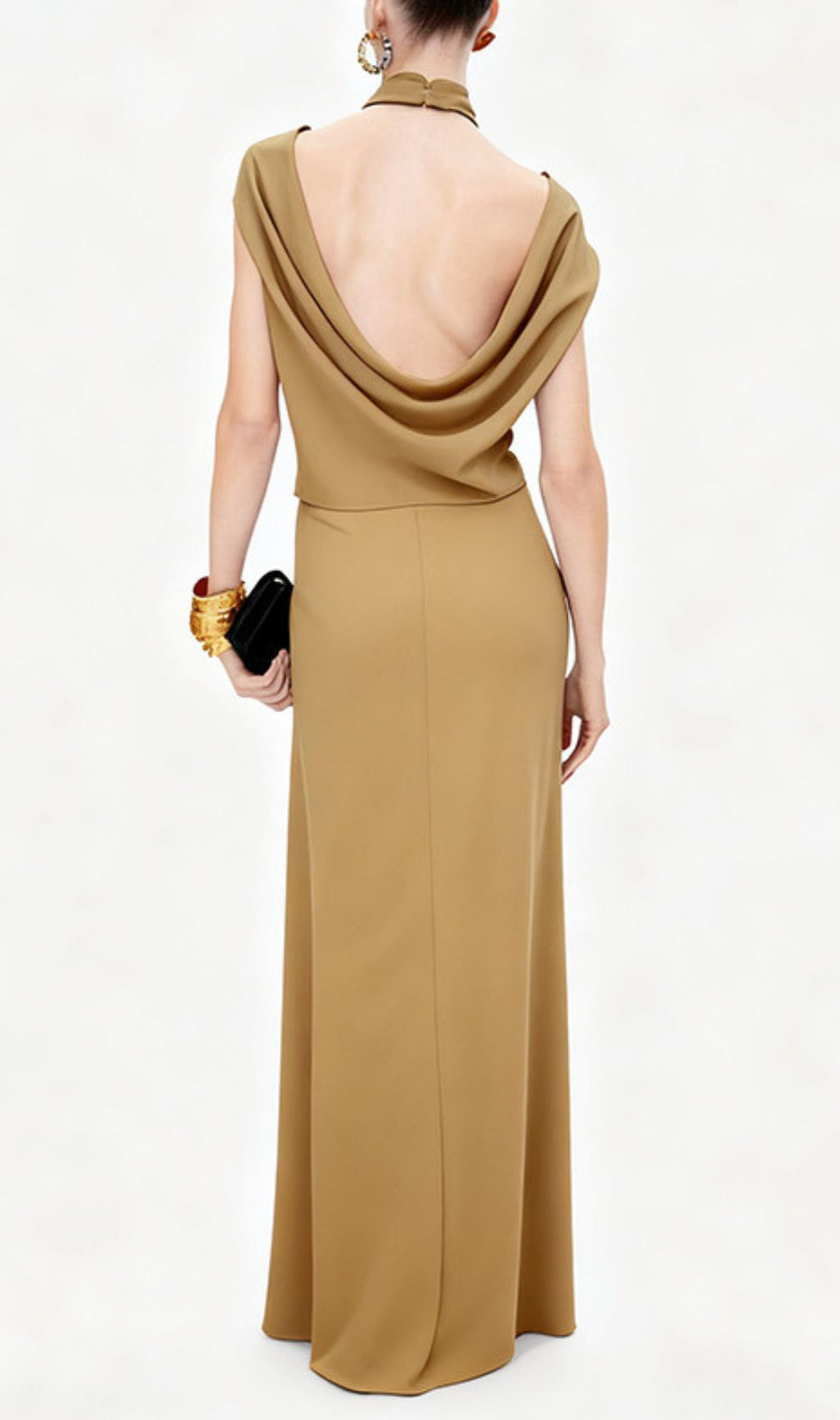 Isabel Luxe Draped Halter Two-Piece Set - Backless Crop Top & Maxi Skirt