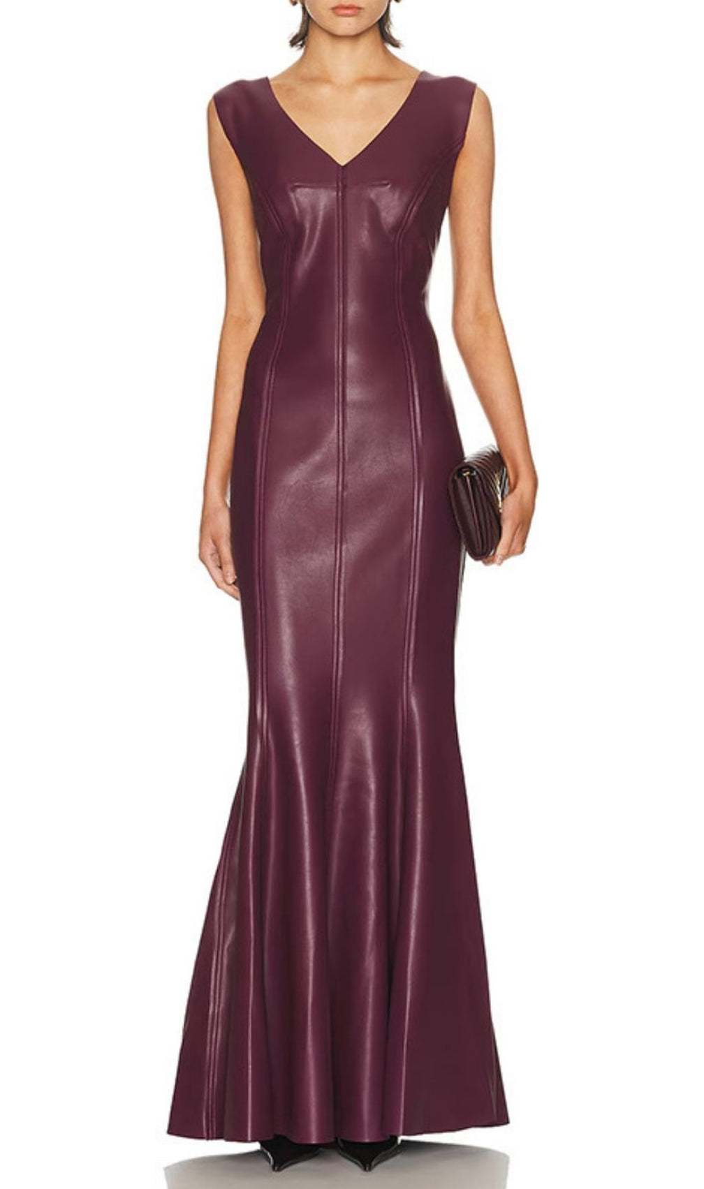 Kanai Luxe Plum Faux Leather V-Neck Maxi Dress - Sleeveless Evening Gown