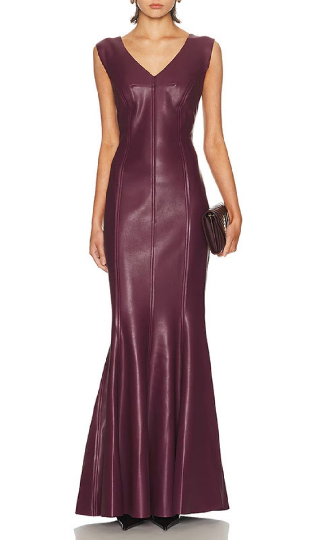 Kanai Luxe Plum Faux Leather V-Neck Maxi Dress - Sleeveless Evening Gown