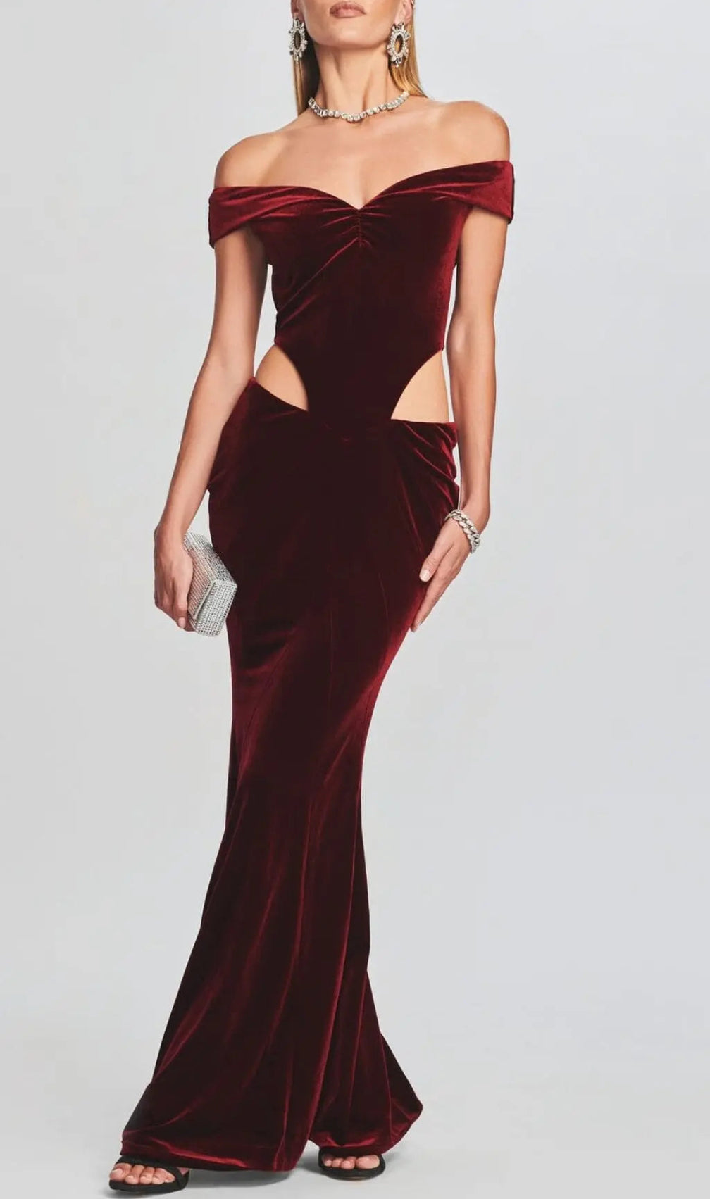Off Shoulder Waist Hollow Velvet Maxi Dress In Burgundy