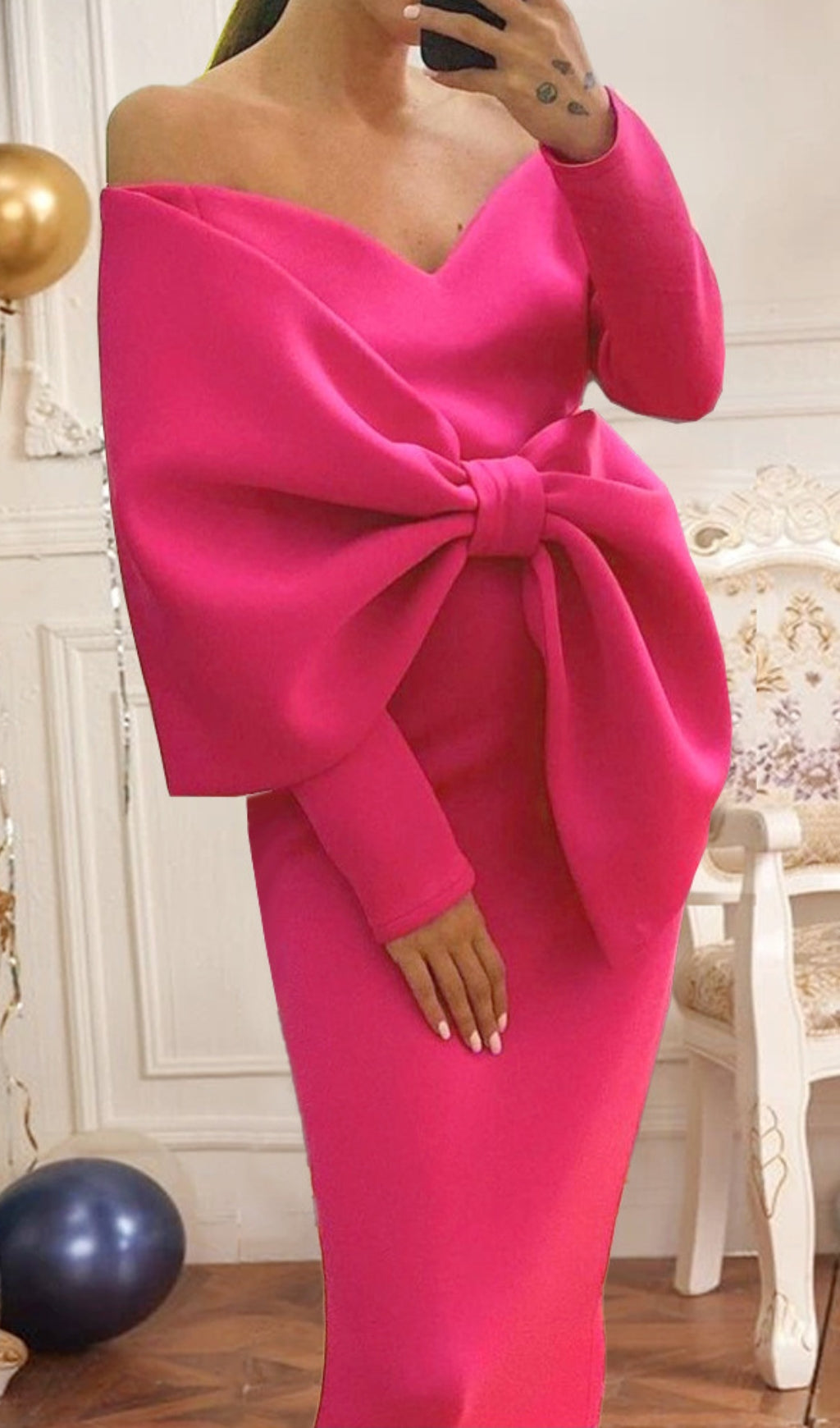 Batan Pink Bow Long Sleeve Midi Dress