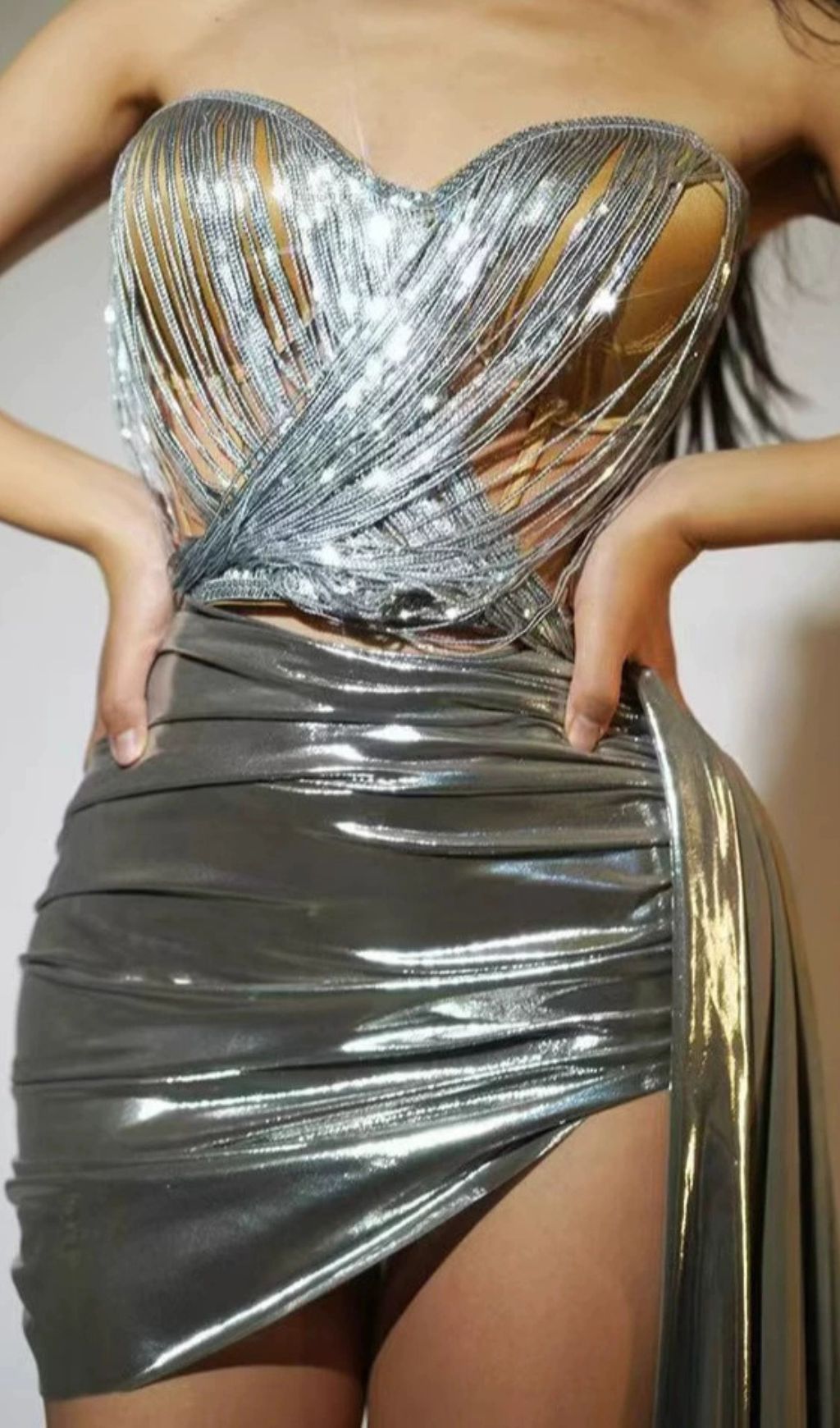 Haylia Silver Sparkle Strapless Corset & Sequin Mini Skirt Set | Glamorous Party Wear