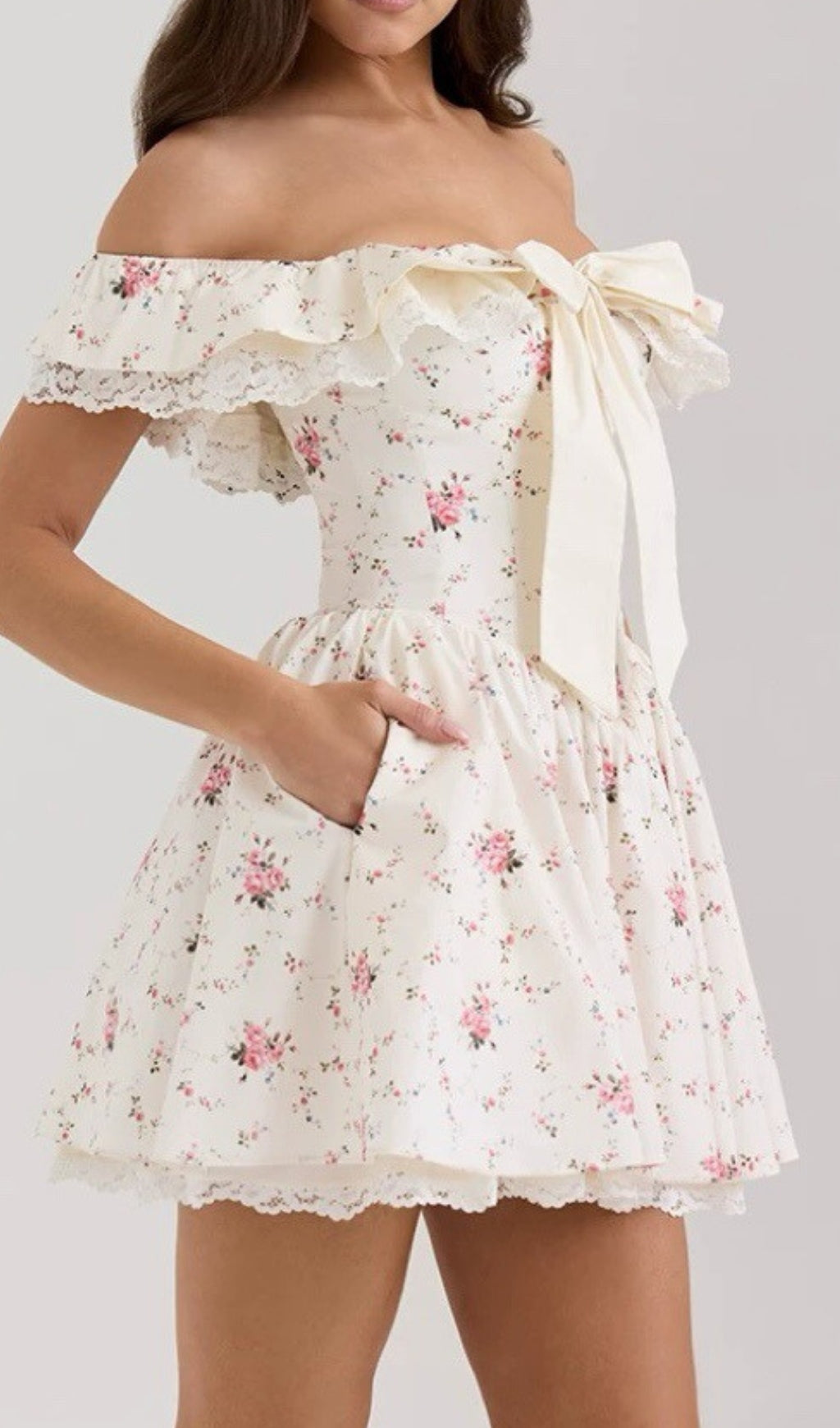 Evana Off-Shoulder Floral Lace Mini Dress