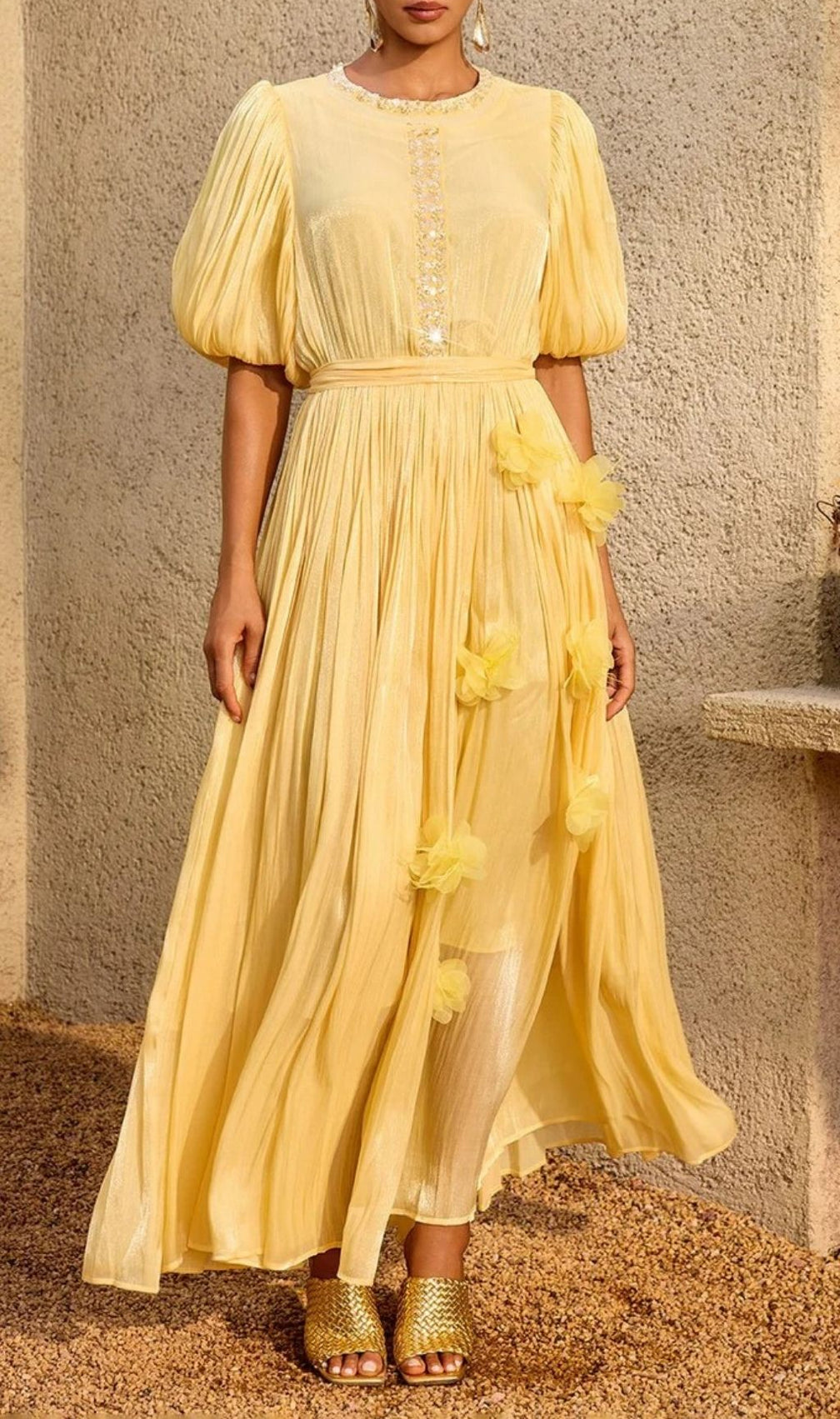 Istralion Puff Sleeve Flower Sequin Maxi Dress