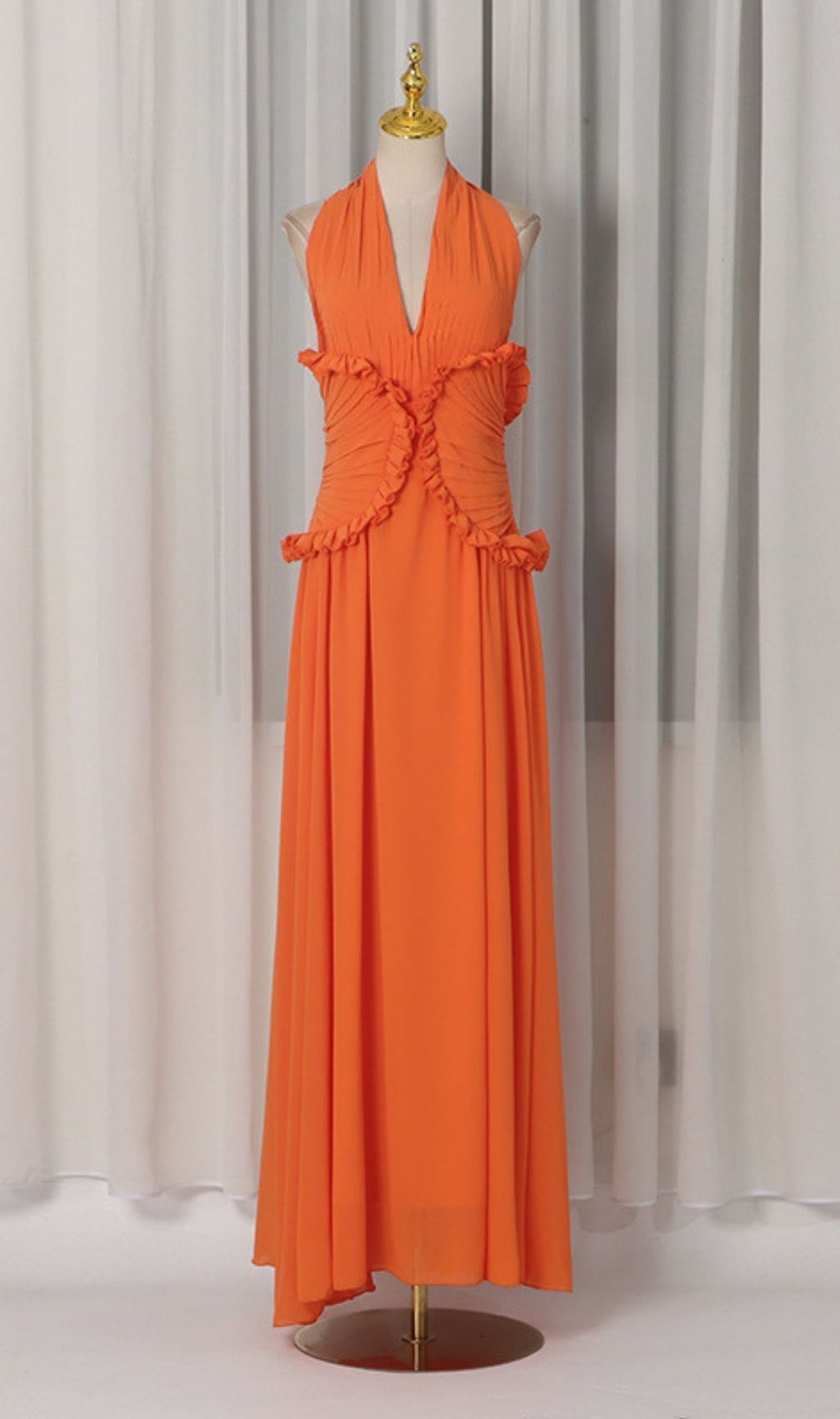 Kallisto Halter Pleated Maxi Dress: Vibrant Orange Evening Gown for Galas & Events