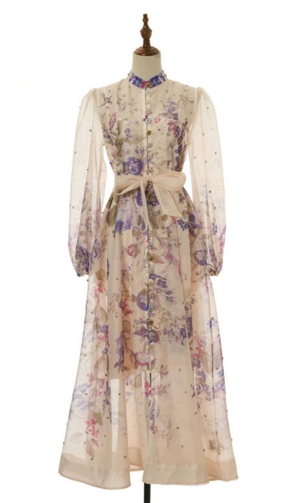 Karla Elegant Floral Maxi Dress | Long Sleeve Button-Front with Tie-Waist