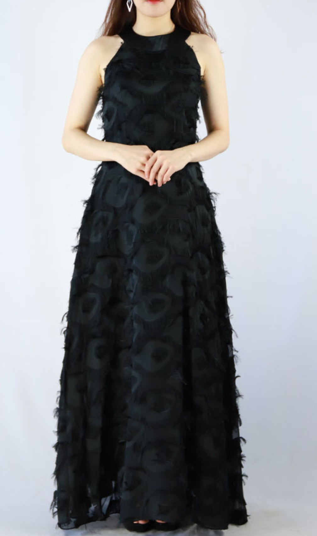 Devana Black Halter Feather Tassel Maxi Dress