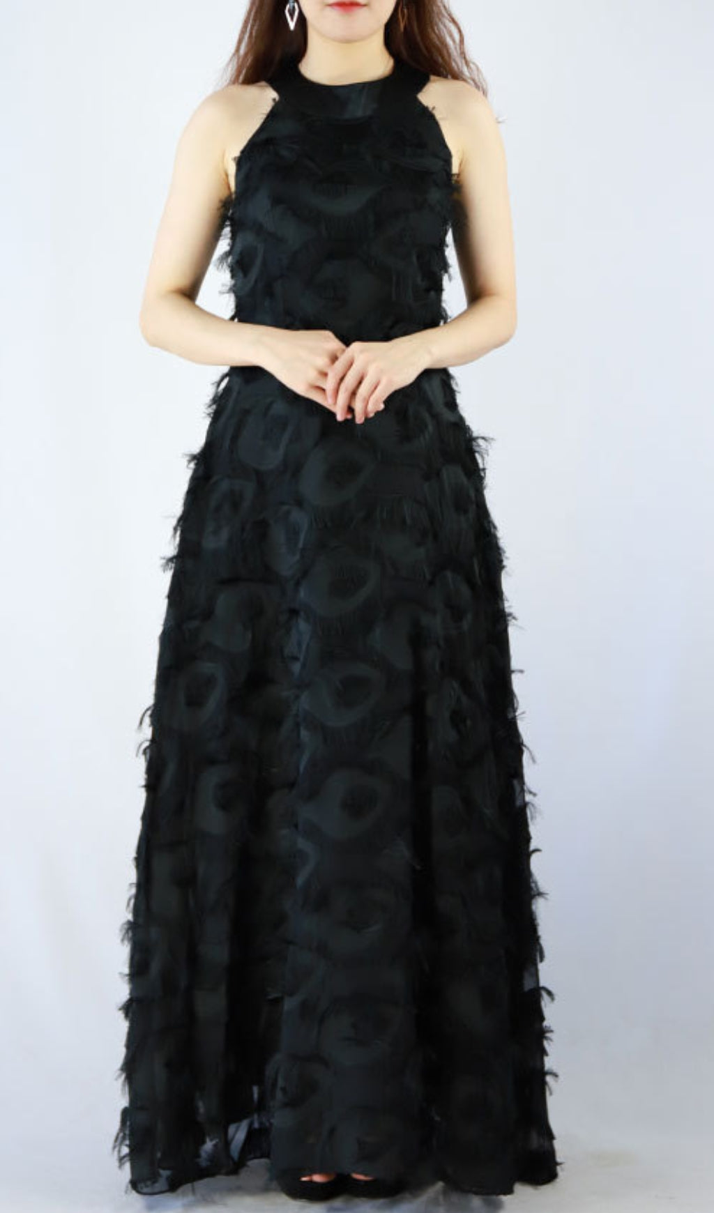 Devana Black Halter Feather Tassel Maxi Dress