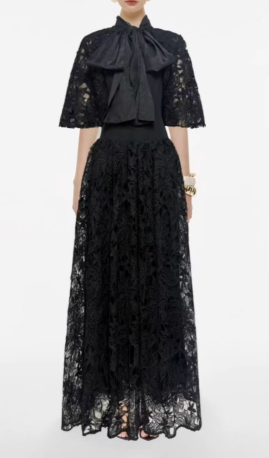 Chantelle Black Lace Maxi Dress: Dramatic Bow Neck & Voluminous Sleeves | Elegant Formal Gown