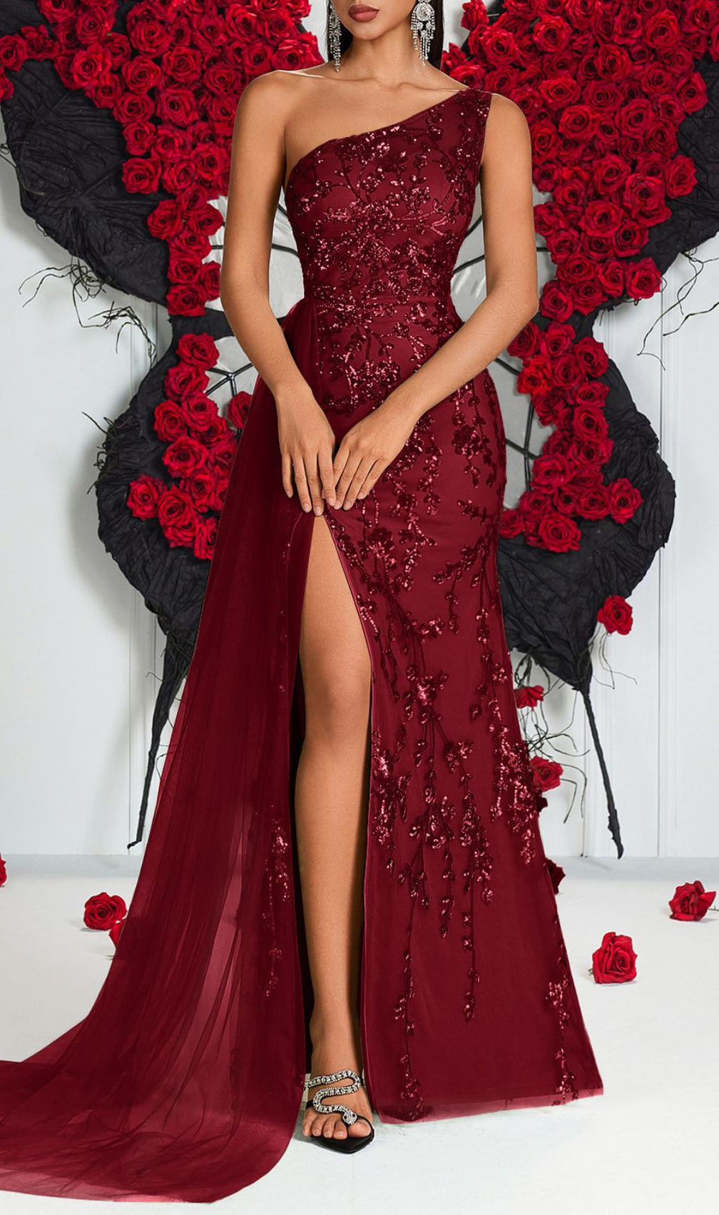 Jenne One-Shoulder Sequin Mesh Maxi Dress