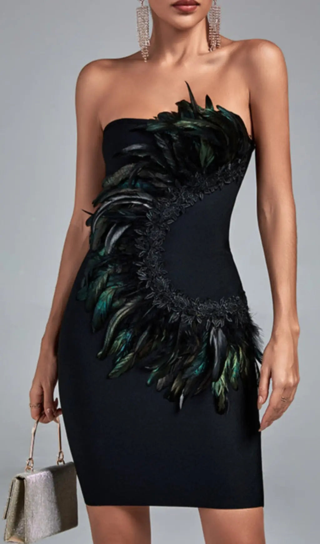 Black Strapless Feather Midi Bandage Dress
