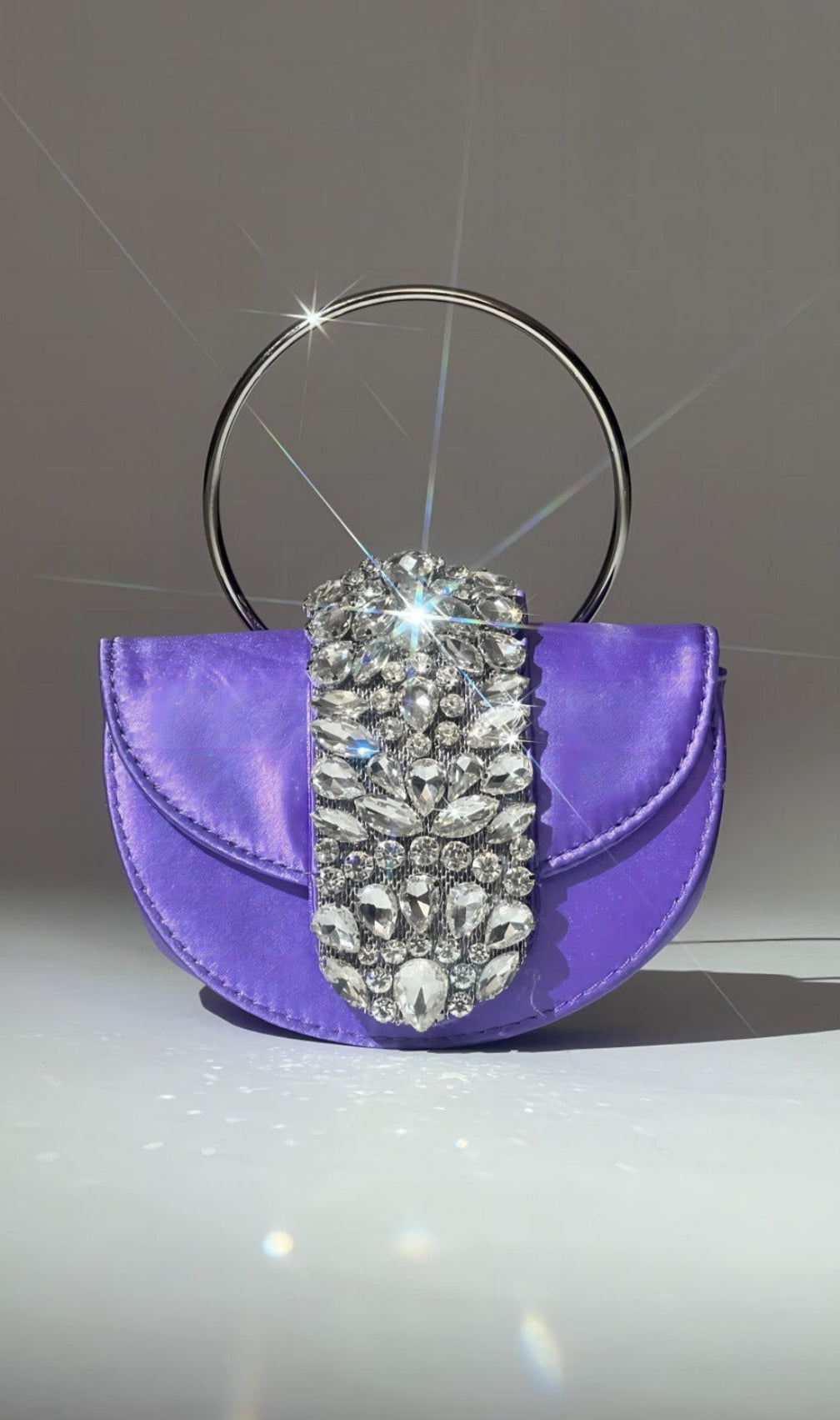 Satin Crystal Clutch In Purple