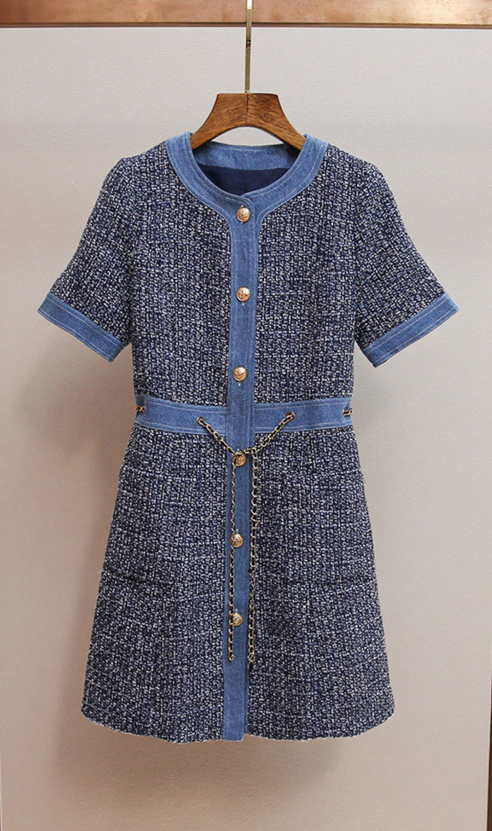 Chic Tweed & Denim Mini Dress with Gold Chain Accents | Hatsuye