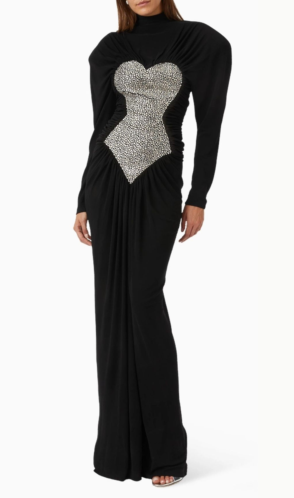 Katalina Black Diamante Sparkle Ruched Maxi Dress | Elegant Long Sleeve Gown
