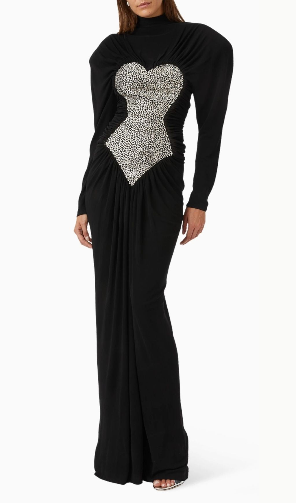 Katalina Black Diamante Sparkle Ruched Maxi Dress | Elegant Long Sleeve Gown
