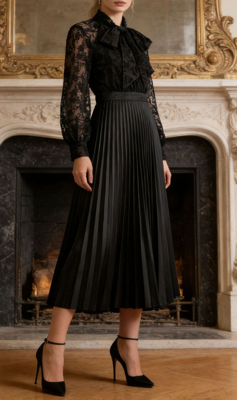 Kandy Elegant Black Lace Pleated Midi Dress | Long Sleeve Bow Tie Style