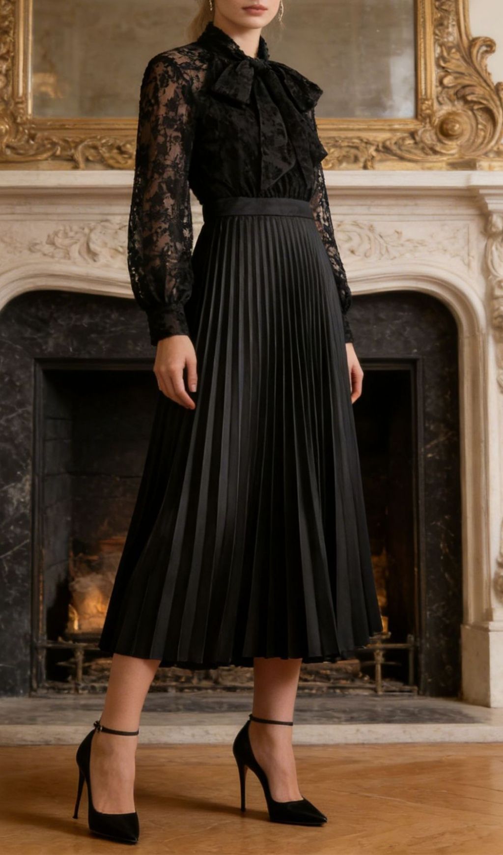 Kandy Elegant Black Lace Pleated Midi Dress | Long Sleeve Bow Tie Style