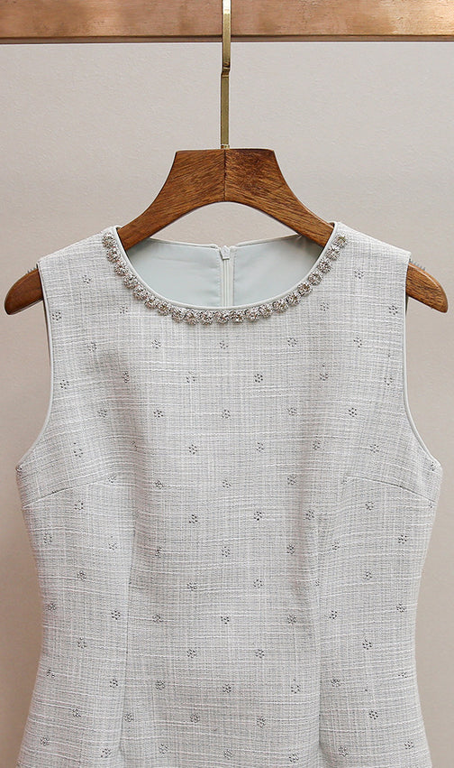 Hatsumi Sparkle Tweed Sleeveless Mini Dress | Crystal Embellished Neckline & Ruffle Hem