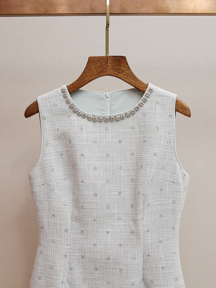 Hatsumi Sparkle Tweed Sleeveless Mini Dress | Crystal Embellished Neckline & Ruffle Hem