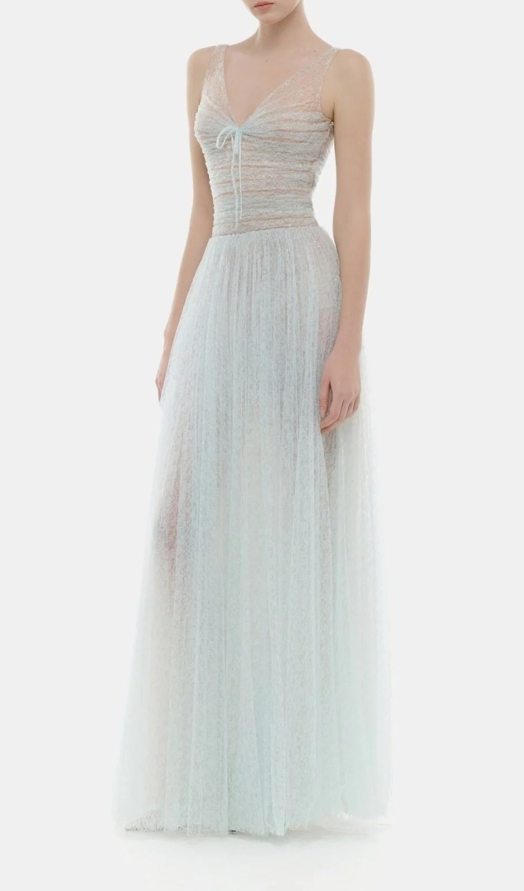 Josie Ethereal Light Blue Mesh Maxi Dress | Elegant V-Neck Formal Gown