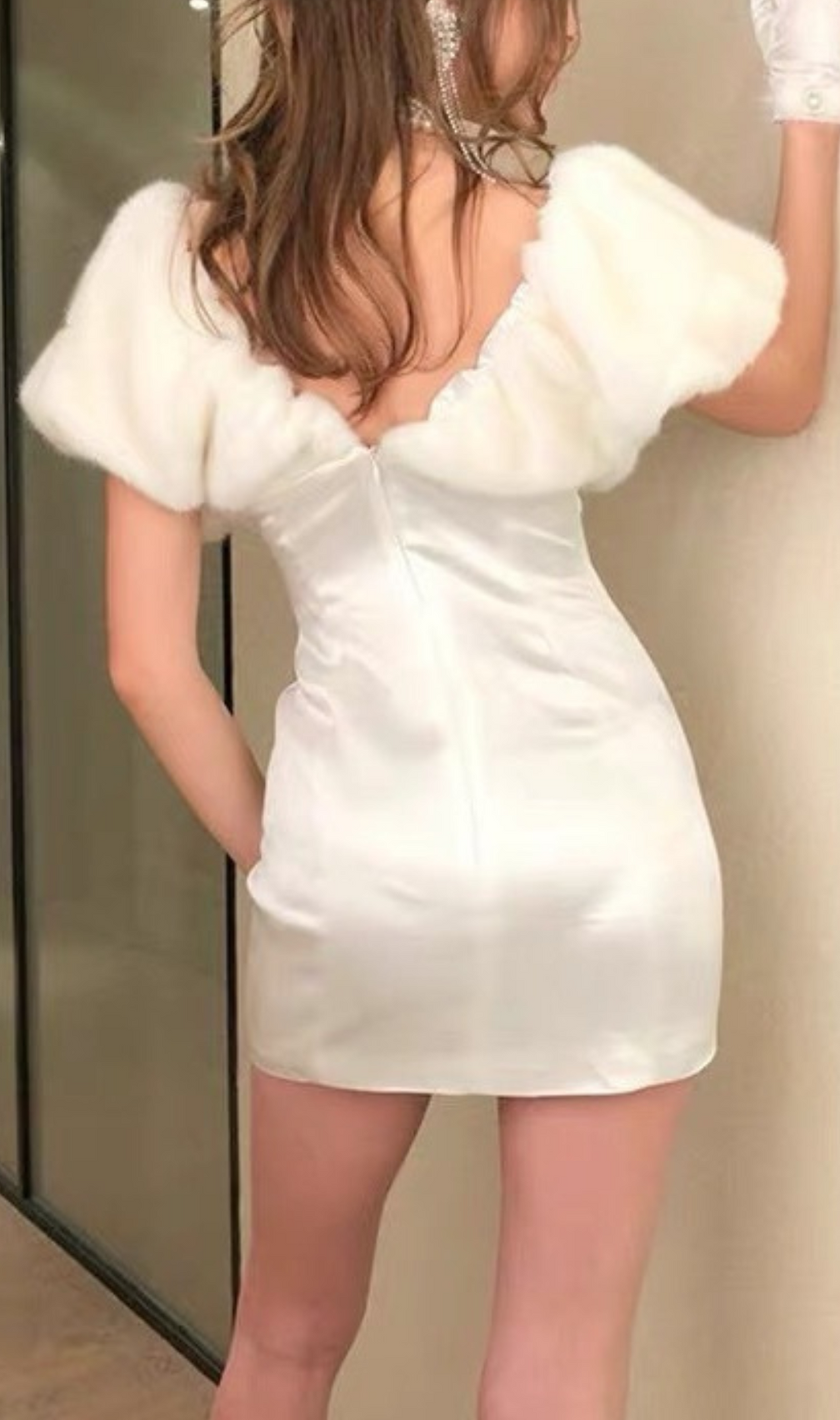 Ayanna White Fur Satin Mini Dress