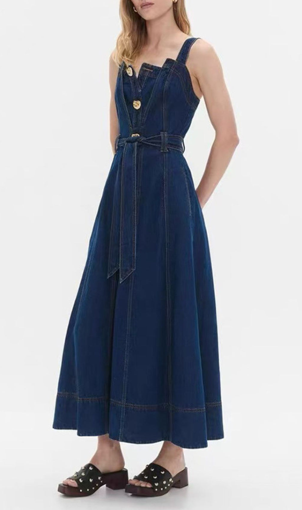 Effortless Chic: Women's Button-Front Belted Denim Midi Dress