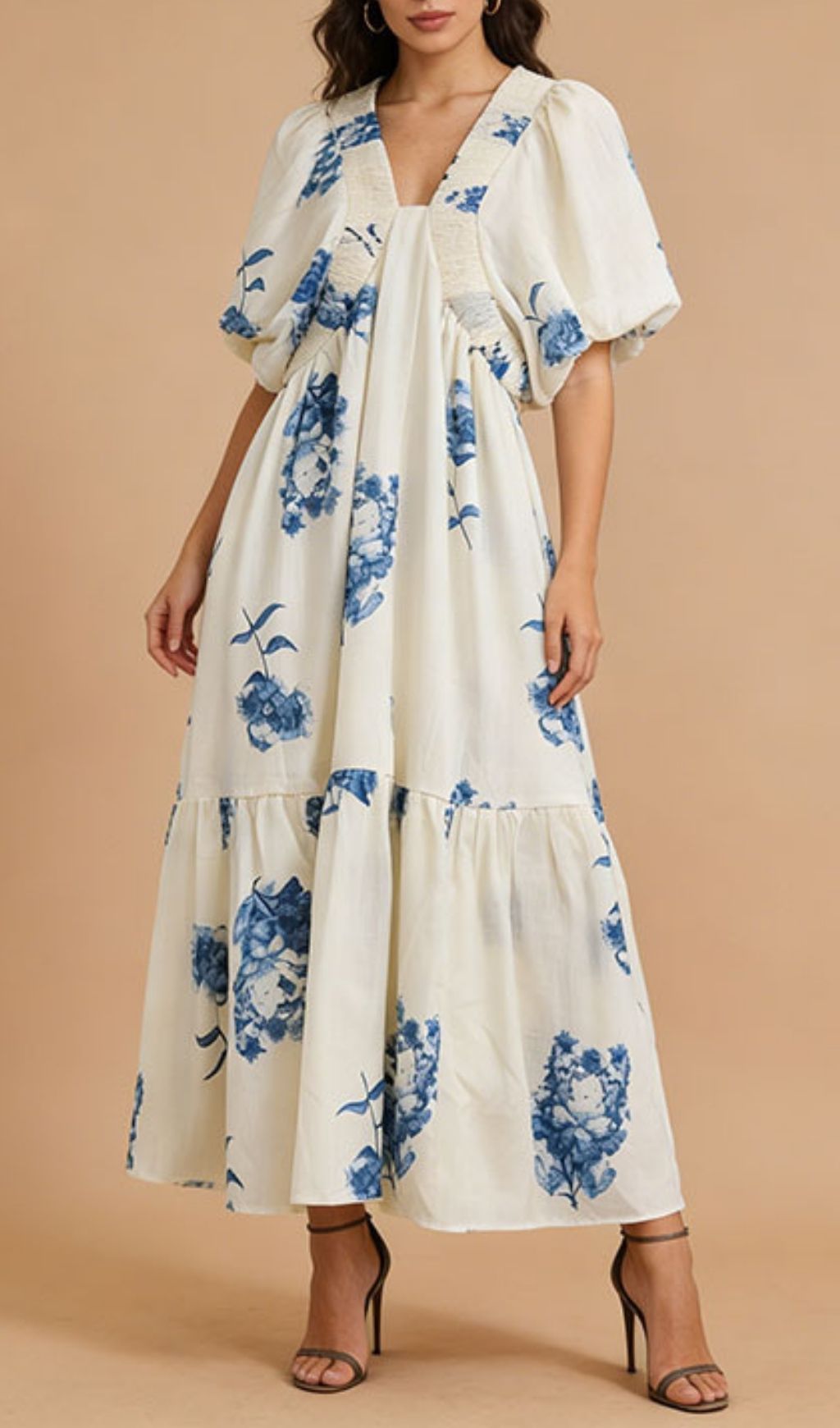 Elegant Karrie Puff-Sleeve Leaf Print Maxi Dress – Summer Garden Party & Wedding Guest