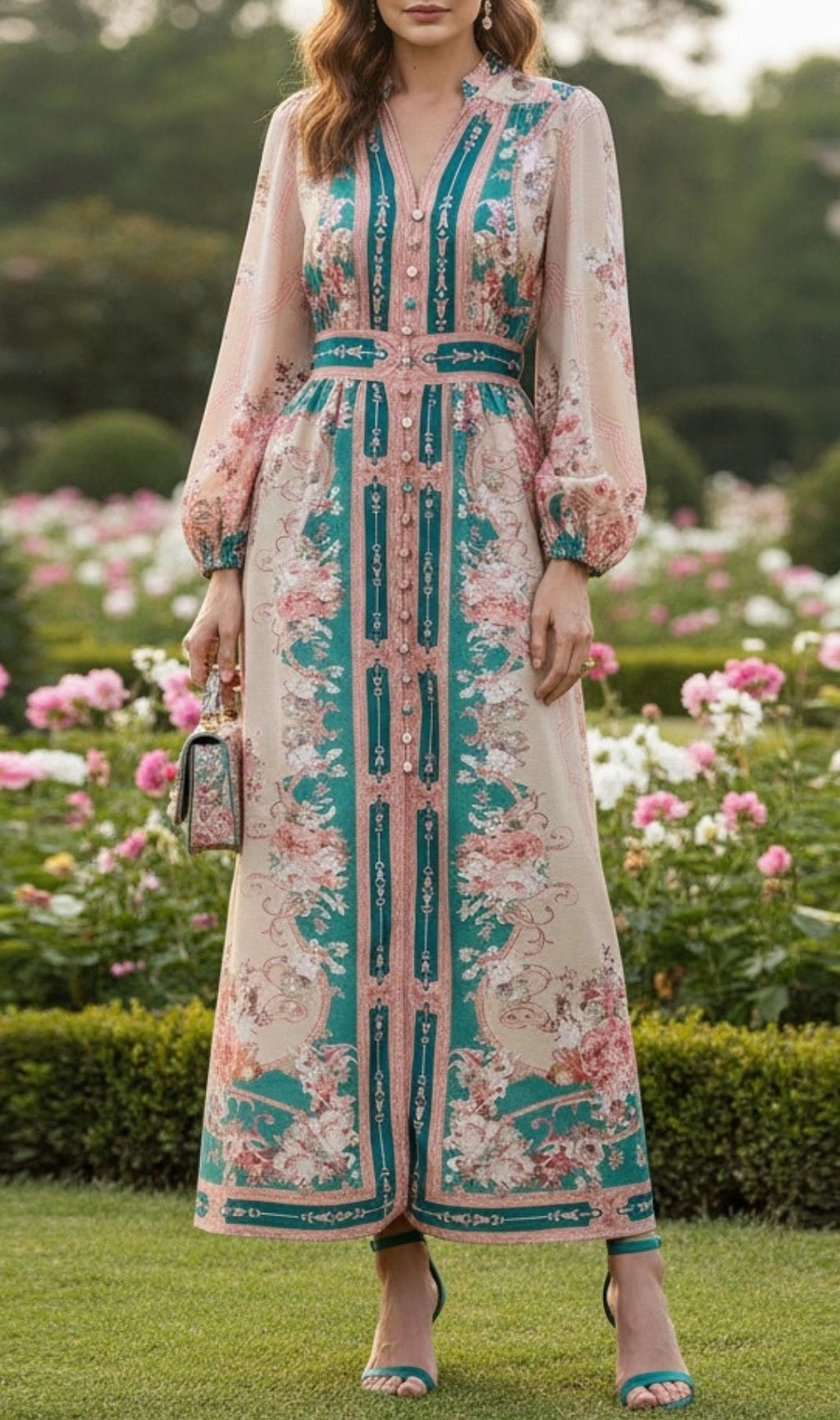 Kamillia Elegant Green Floral Long Sleeve Maxi Dress | Romantic Garden Party Gown for Women