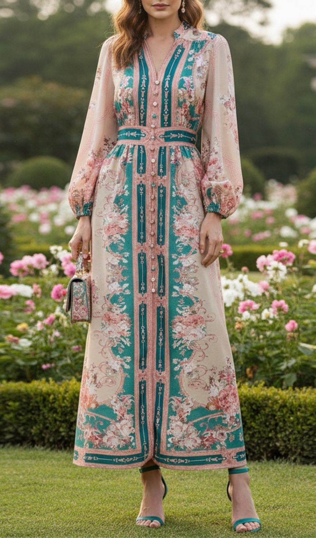 Kamillia Elegant Green Floral Long Sleeve Maxi Dress | Romantic Garden Party Gown for Women