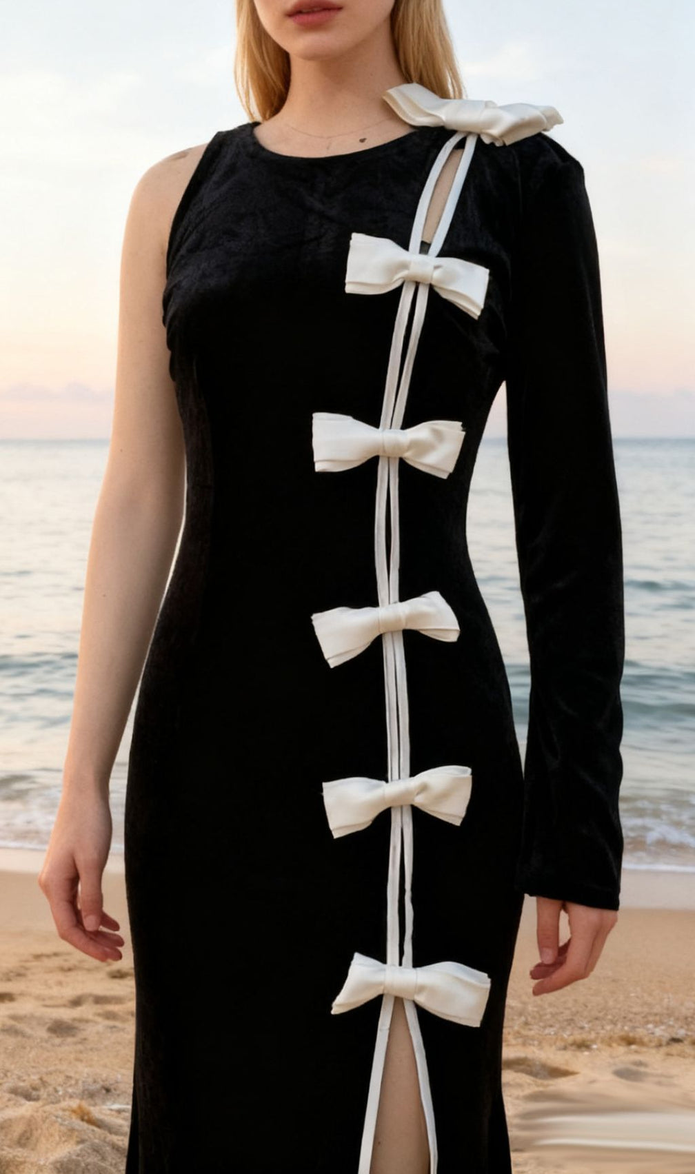 Joyce Black Velvet One-Sleeve Bow Maxi Gown | Statement Slit Dress