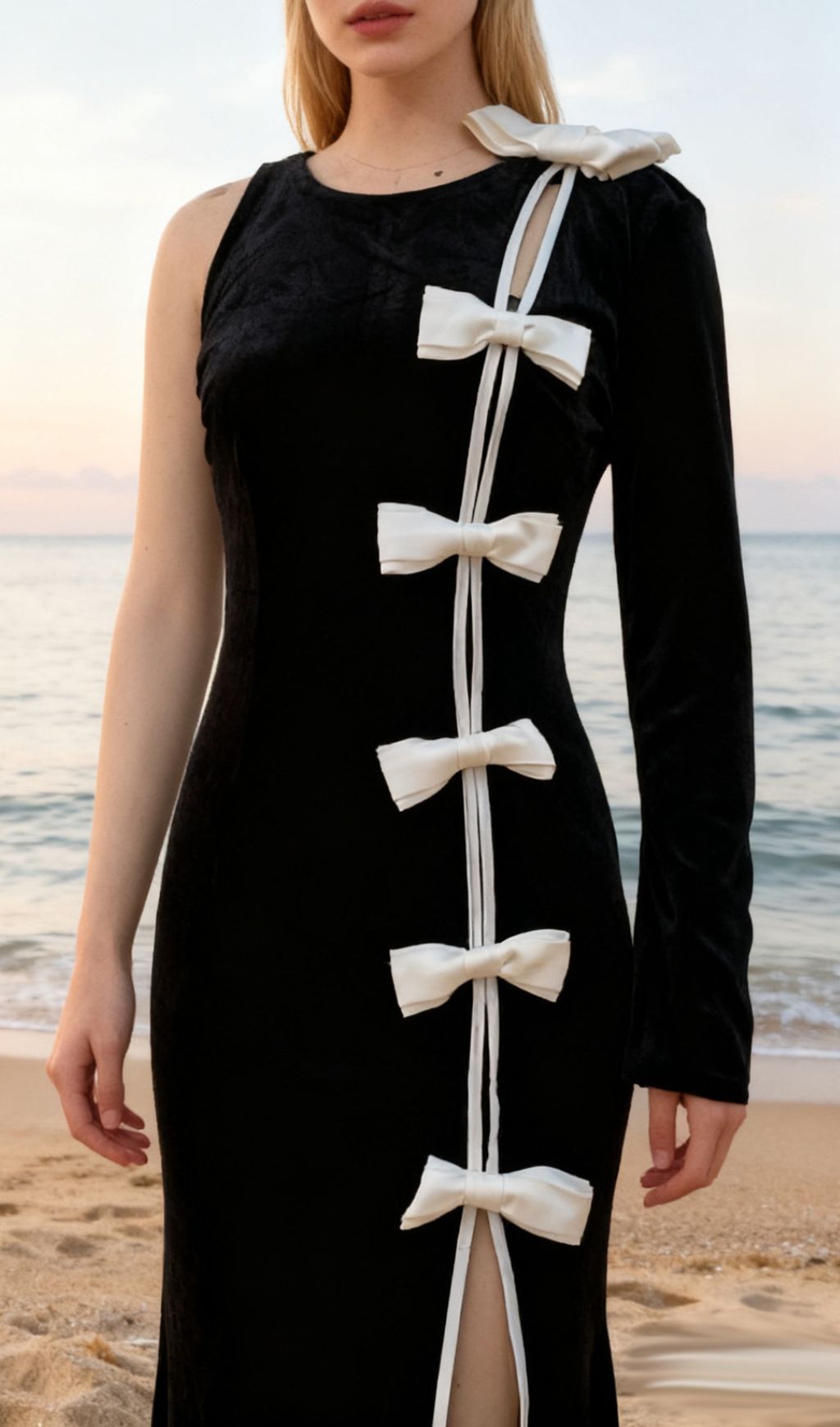 Joyce Black Velvet One-Sleeve Bow Maxi Gown | Statement Slit Dress