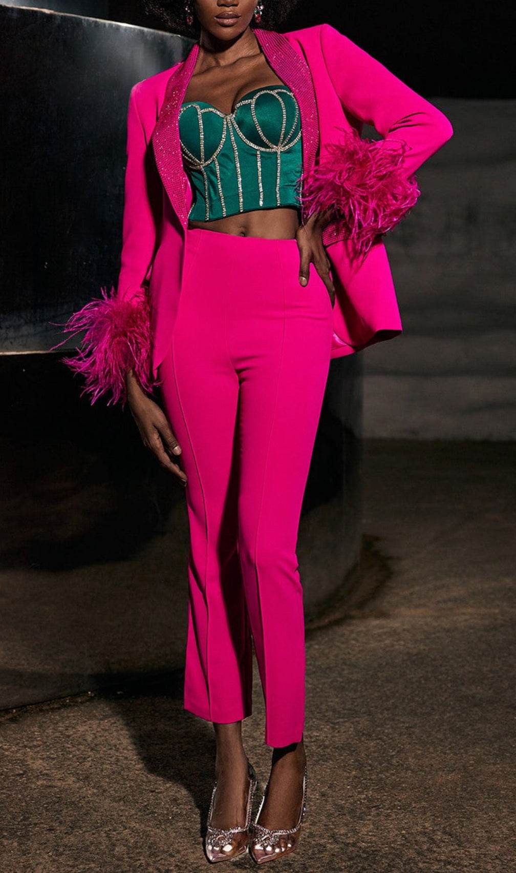 Rhinestone Feather Blazer In Pink