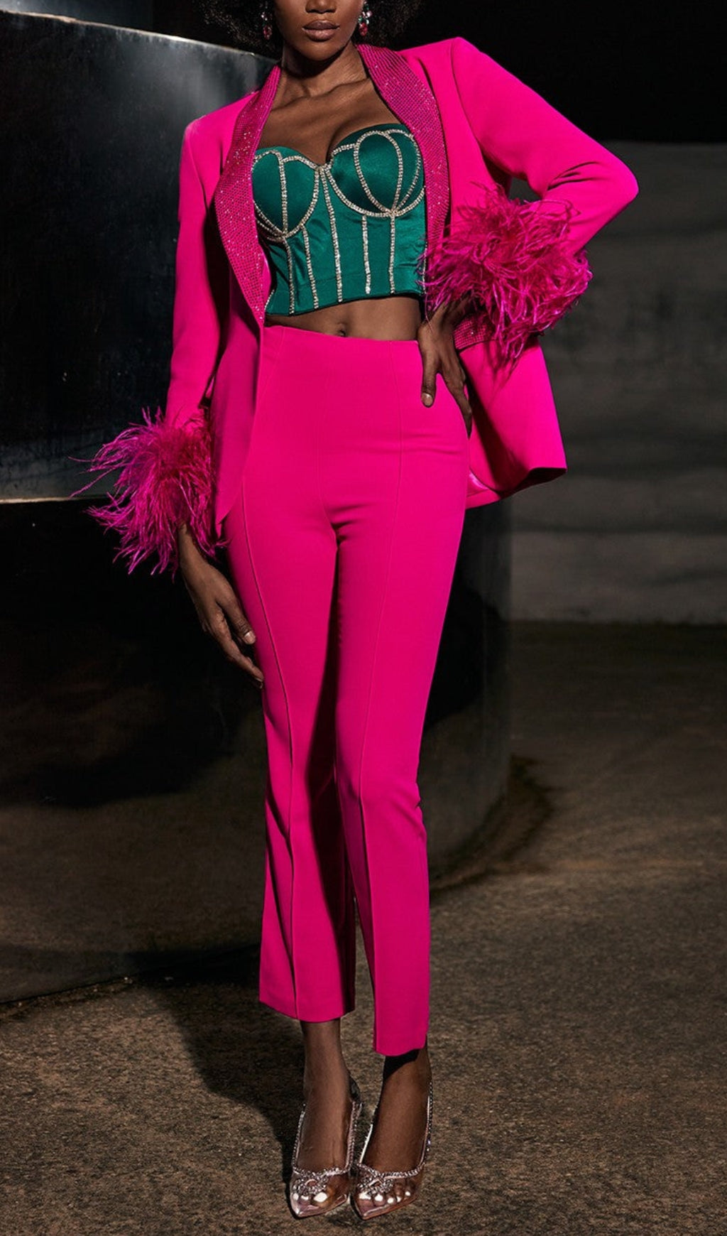 Rhinestone Feather Blazer In Pink