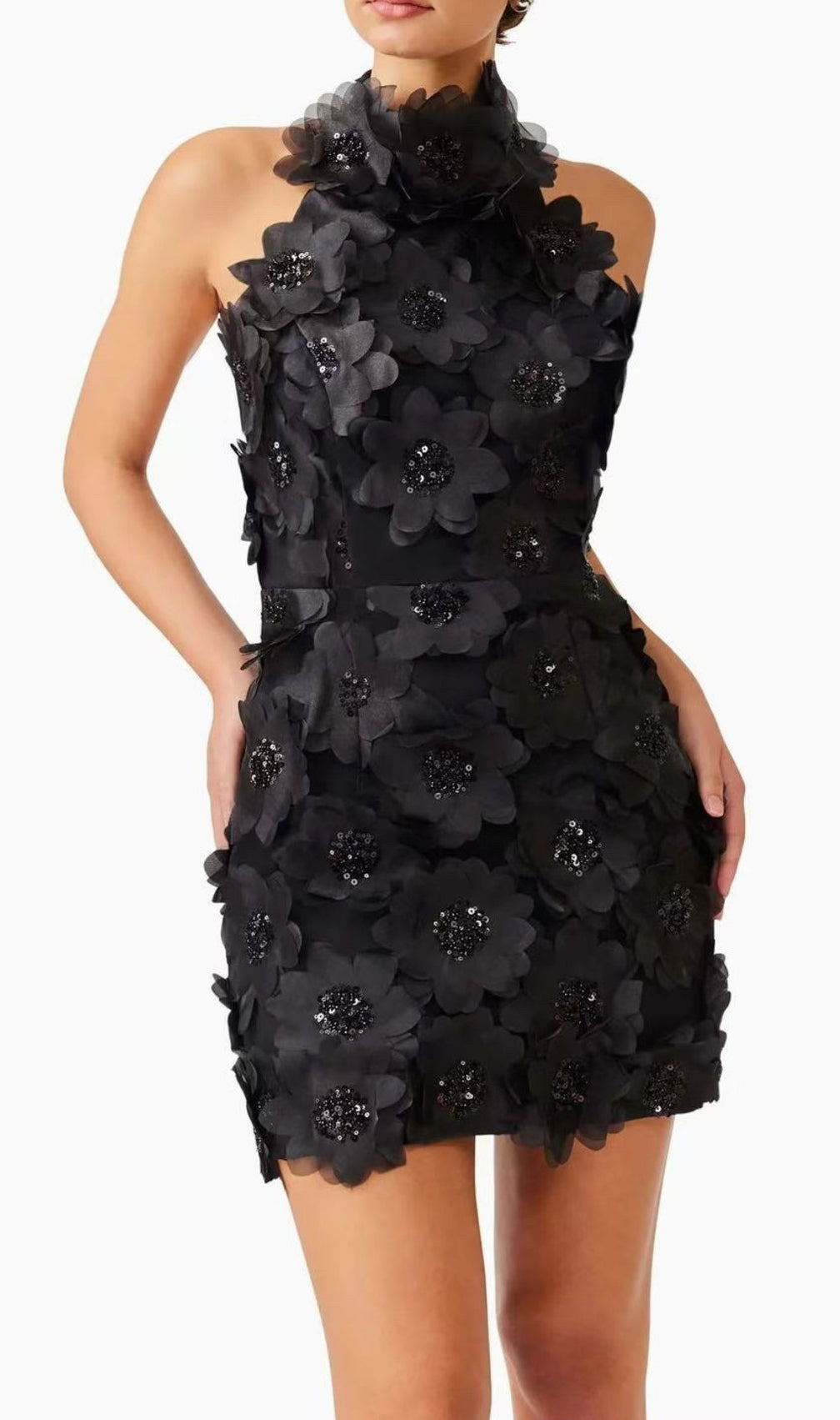Pavryn Black Sequin Flower Halter Mini Dress | Dazzling Party & Cocktail Attire