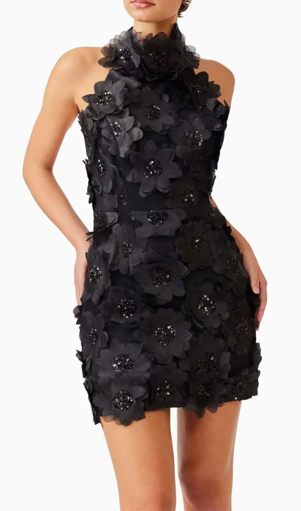 Pavryn Black Sequin Flower Halter Mini Dress | Dazzling Party & Cocktail Attire