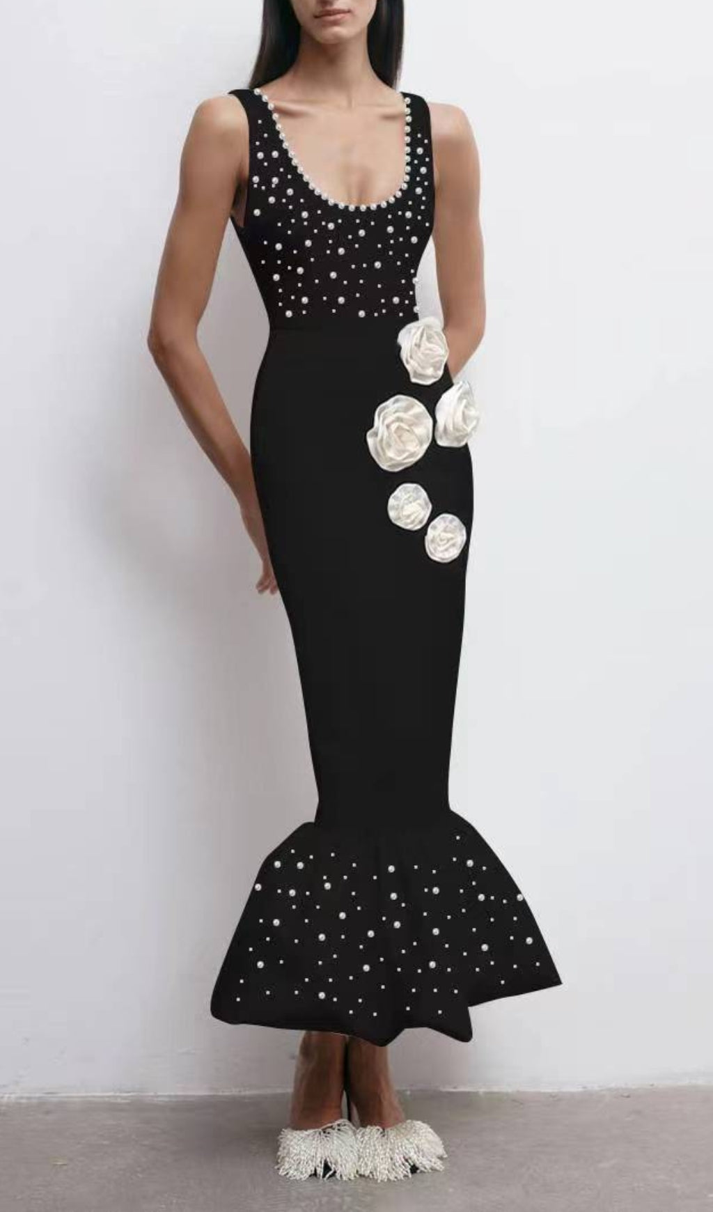 Bebe Black Flower Pearl Mermaid Midi Dress