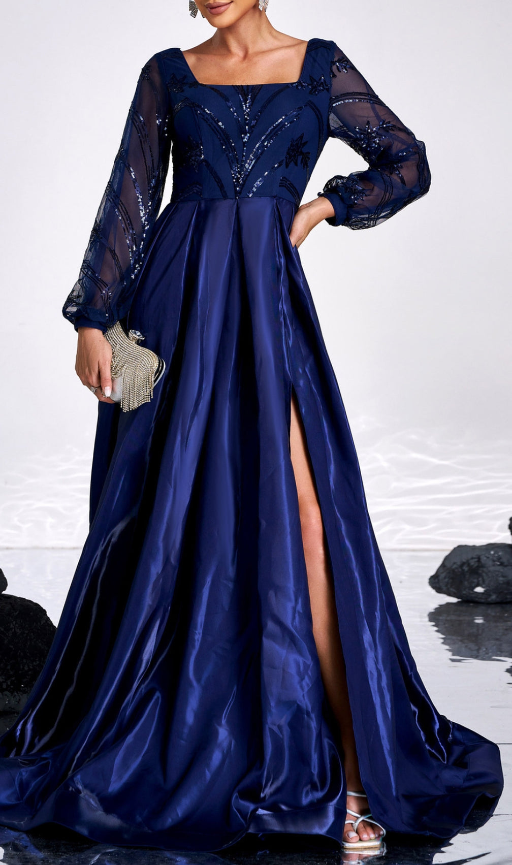 Cruise Blue Long Sleeve Square Neck Maxi Dress