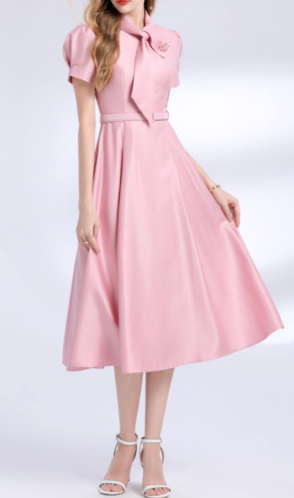 Funa Pink Bow Tie Midi Dress