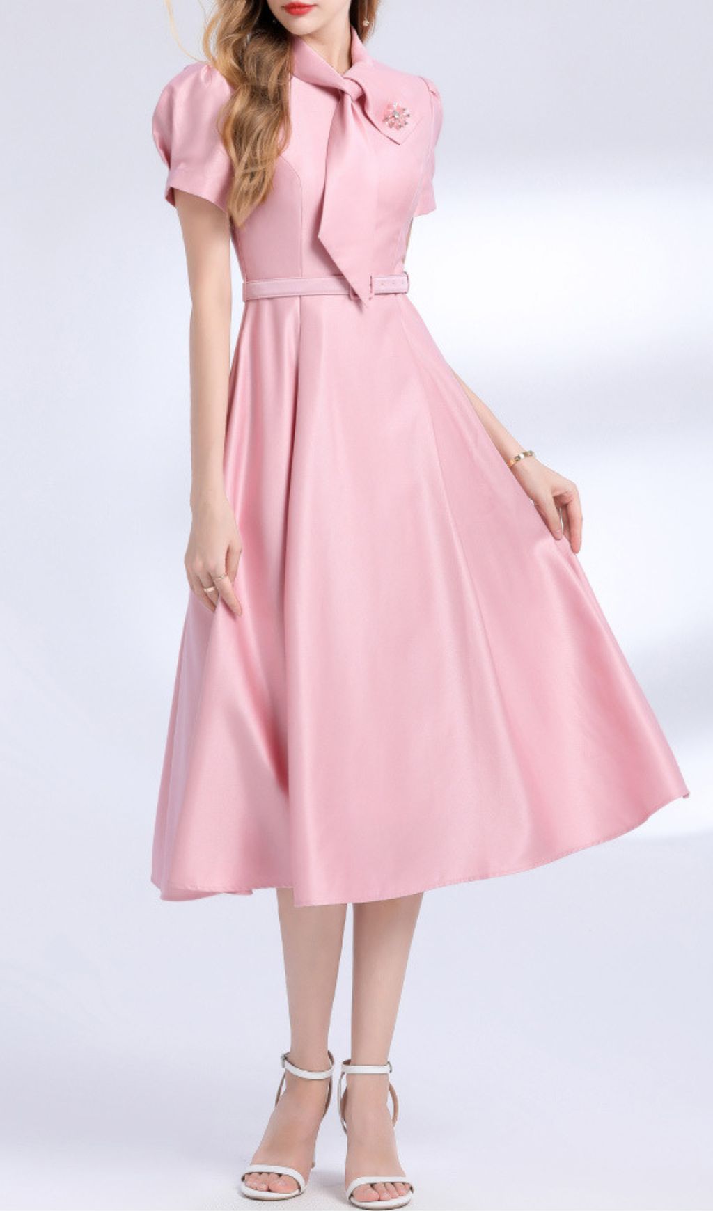Funa Pink Bow Tie Midi Dress