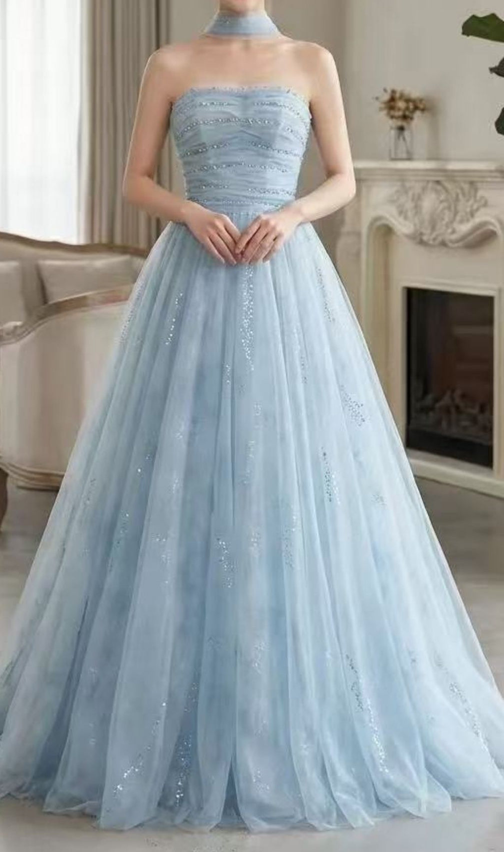 Kendi Sky Blue Embellished Strapless Tulle Gown with Choker | Dreamy Formal Maxi Dress