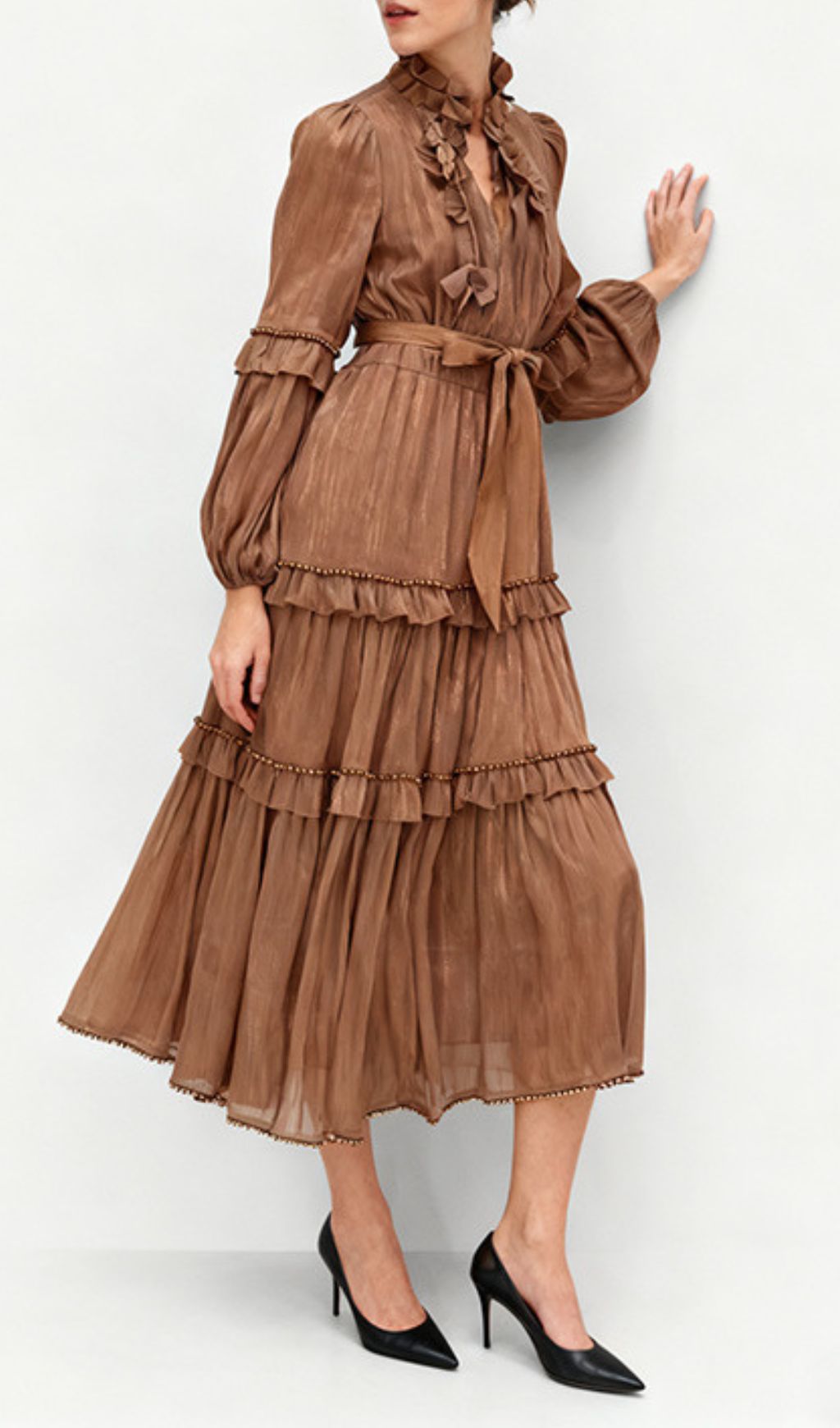 Ilissa Elegant Ruffle Midi Dress for Women - Chic Long Sleeve Tiered Design in Burgundy