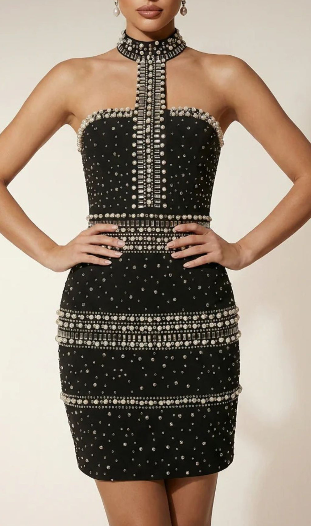 Aelithar Sparkling Halterneck Pearl & Rhinestone Mini Dress