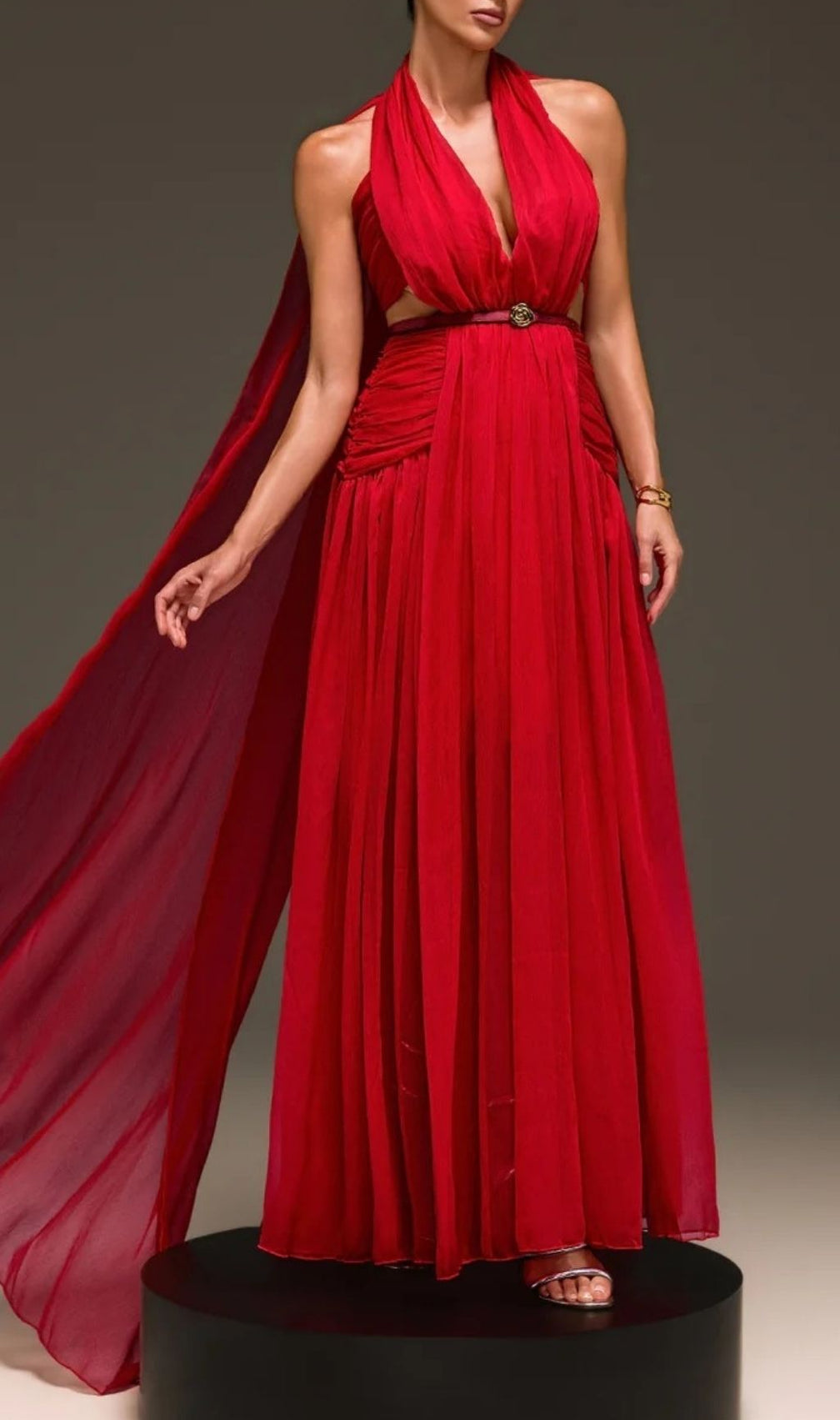 Galthera Red Plunge Neck Cape Maxi Dress - The Ultimate Statement Gown