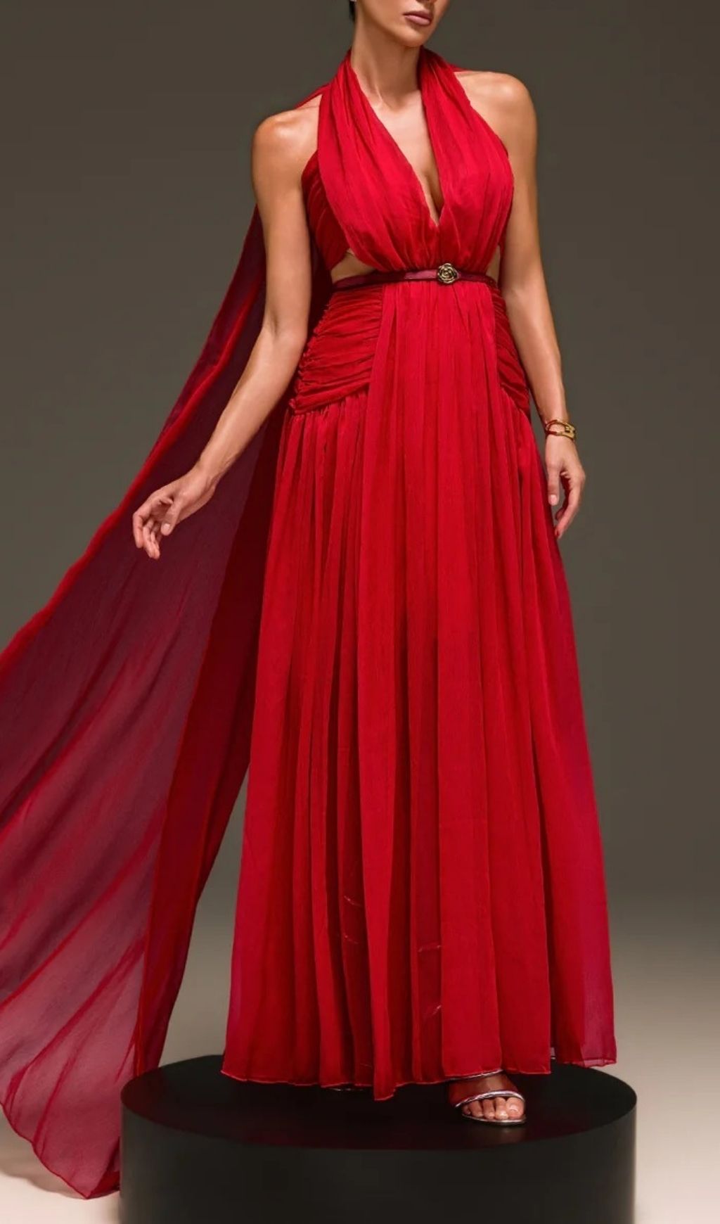 Galthera Red Plunge Neck Cape Maxi Dress - The Ultimate Statement Gown