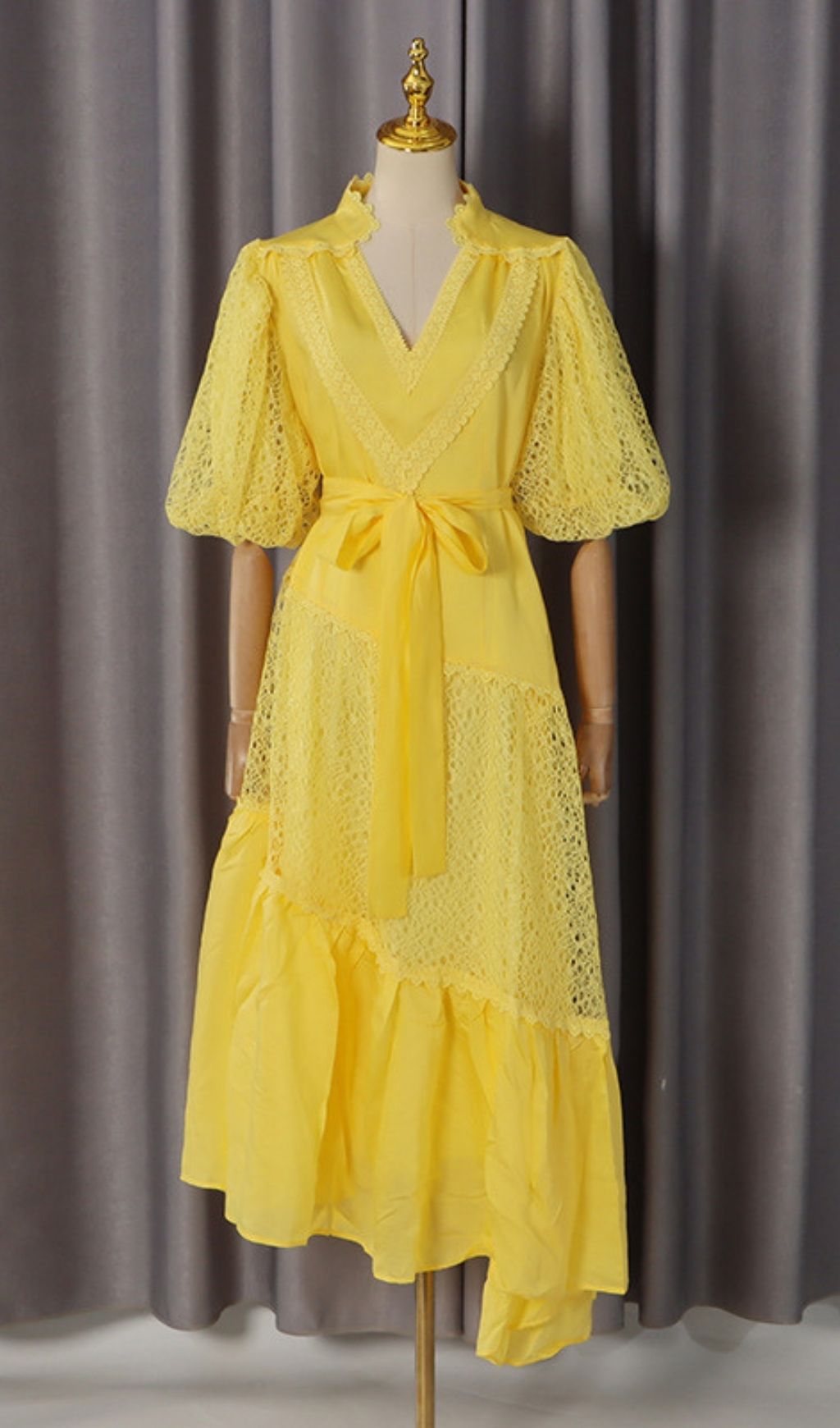 Klara Yellow Puff Sleeve Lace Midi Dress