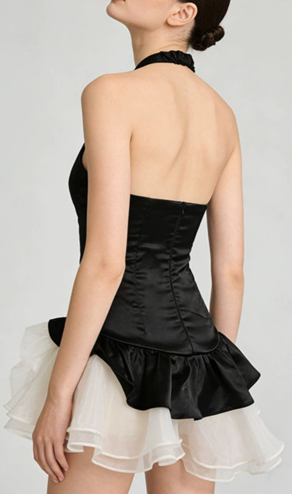 Keren Halter Deep V Mini Dress - Black & Red Blooming Rose Skirt